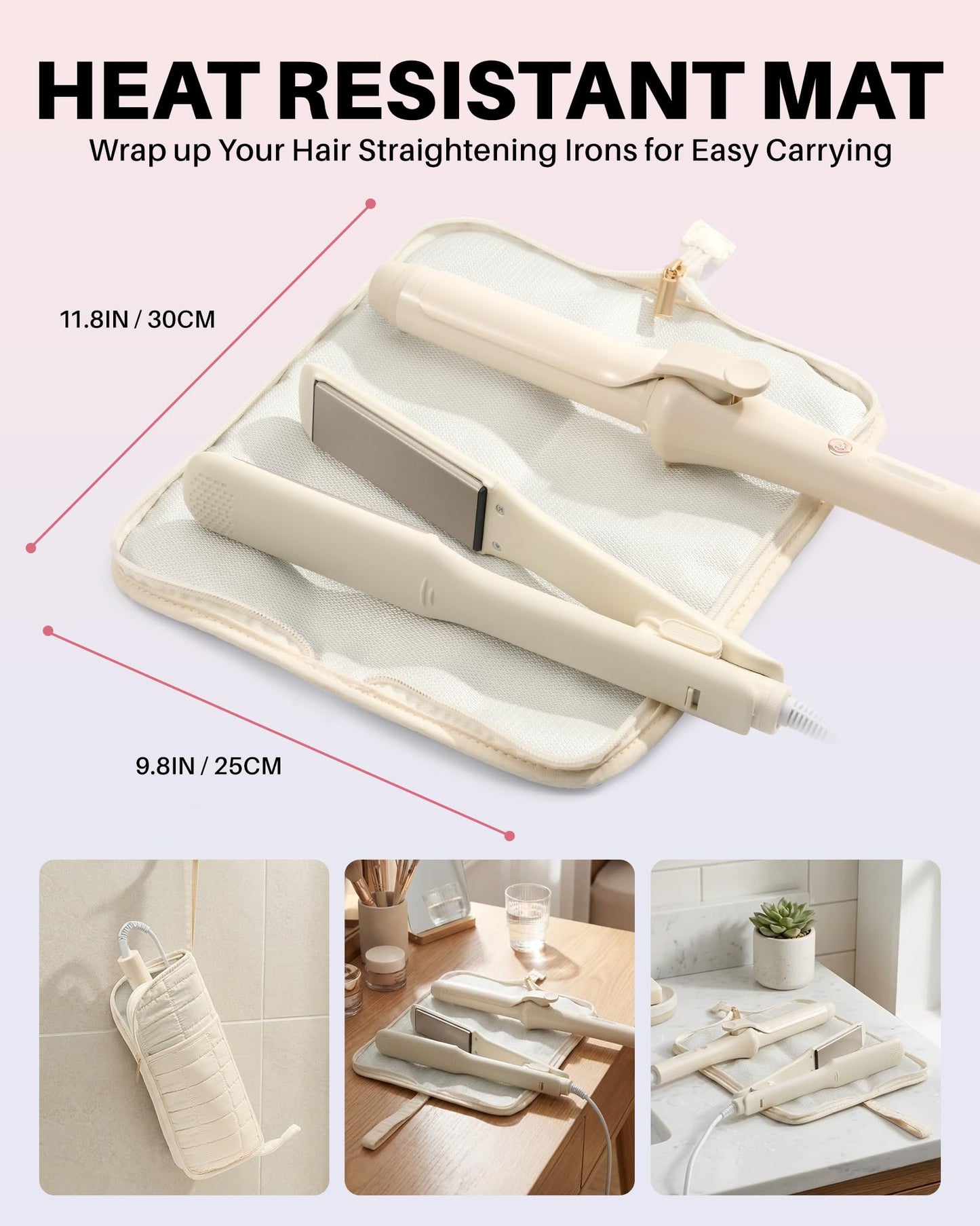 Noldena Hot Tools Travel Case with Heat Resistant Mat Pouch, Large Hair Tool Organizer Bag for Curling Iron Flat Iron Hair Dryer Hot Air Brush, Water Resistant Makeup Bag Gift for Women, Beige