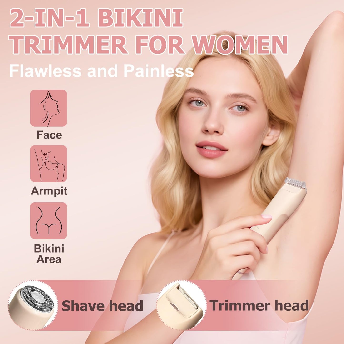 2 in 1 Bikini Trimmer for Women, Led Electric Dual Head Shaver Women, Rechargeable & Waterproof, Painless for Sensitive Skin, Electric Bikini Trimmer for Bikini Line & Pubic, Legs, Face, Underarms