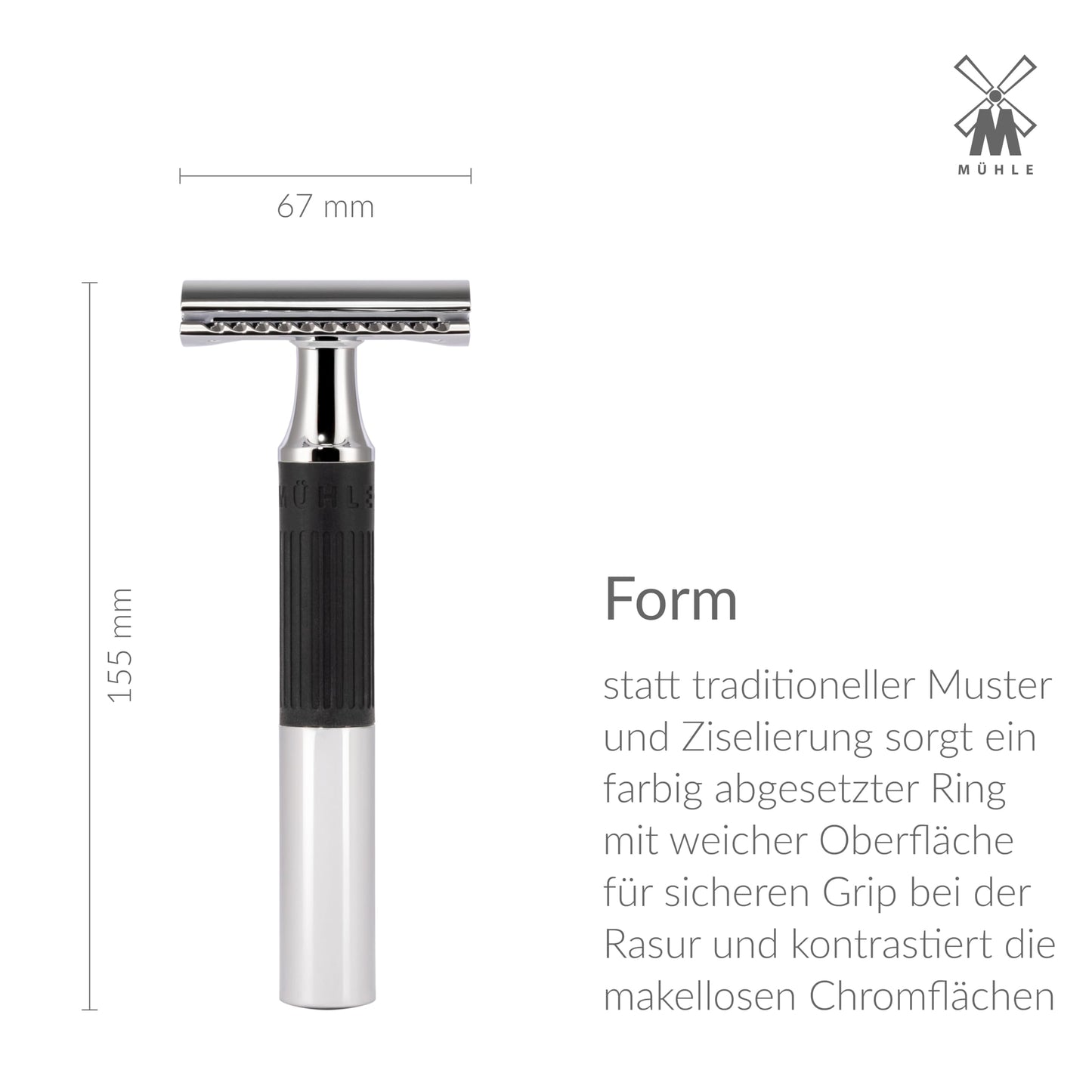 MÜHLE NEO safety razor|double edge safety razor for beginners and experienced shavers|sustainable eco-friendly and reusable|for men and women|chrome with black silicone grip handle