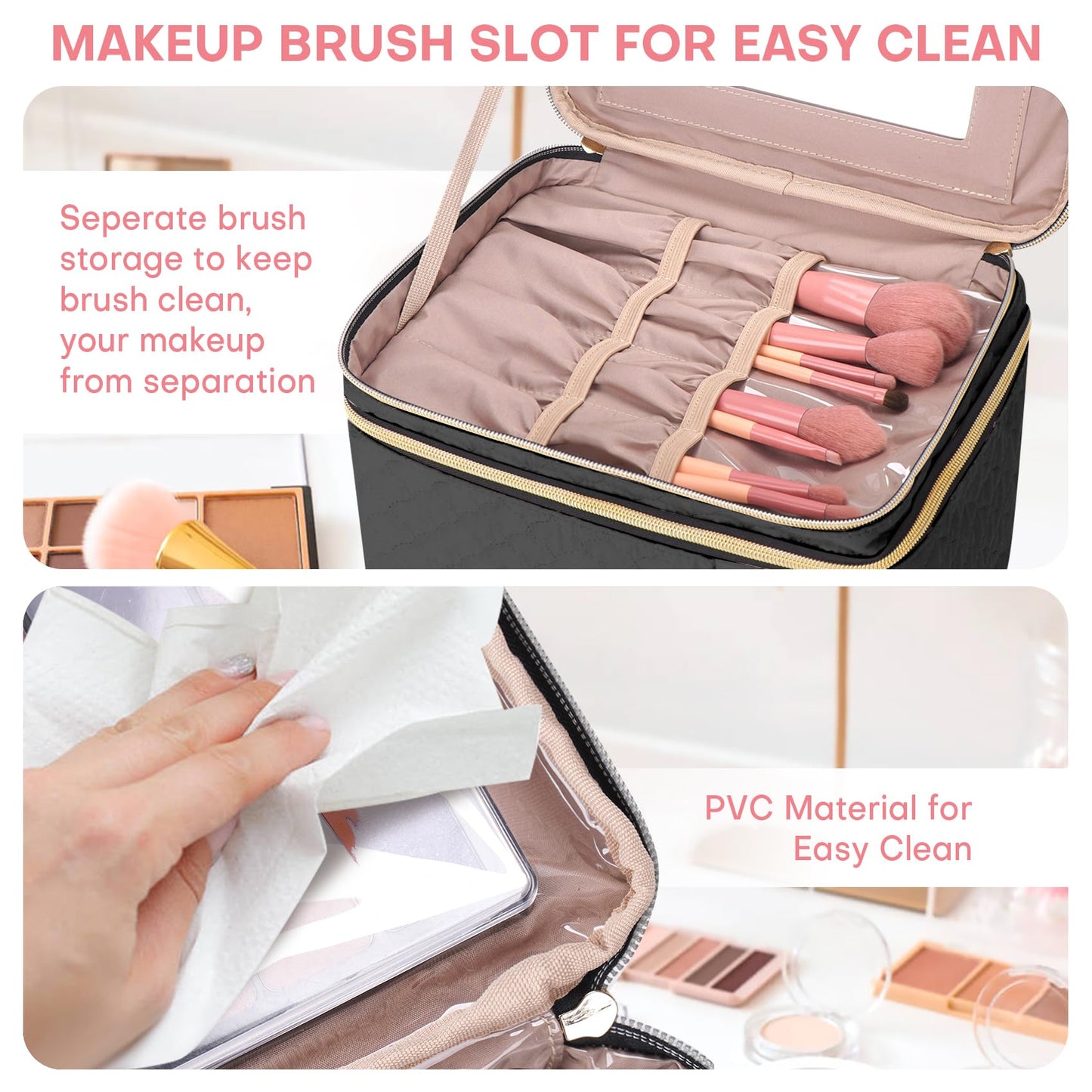 HXLGMD Large Makeup Bag with Mirror Double Layer Travel Make Up Organizer Case, Large Capacity Coemetic Bag with Brush Slot Divider