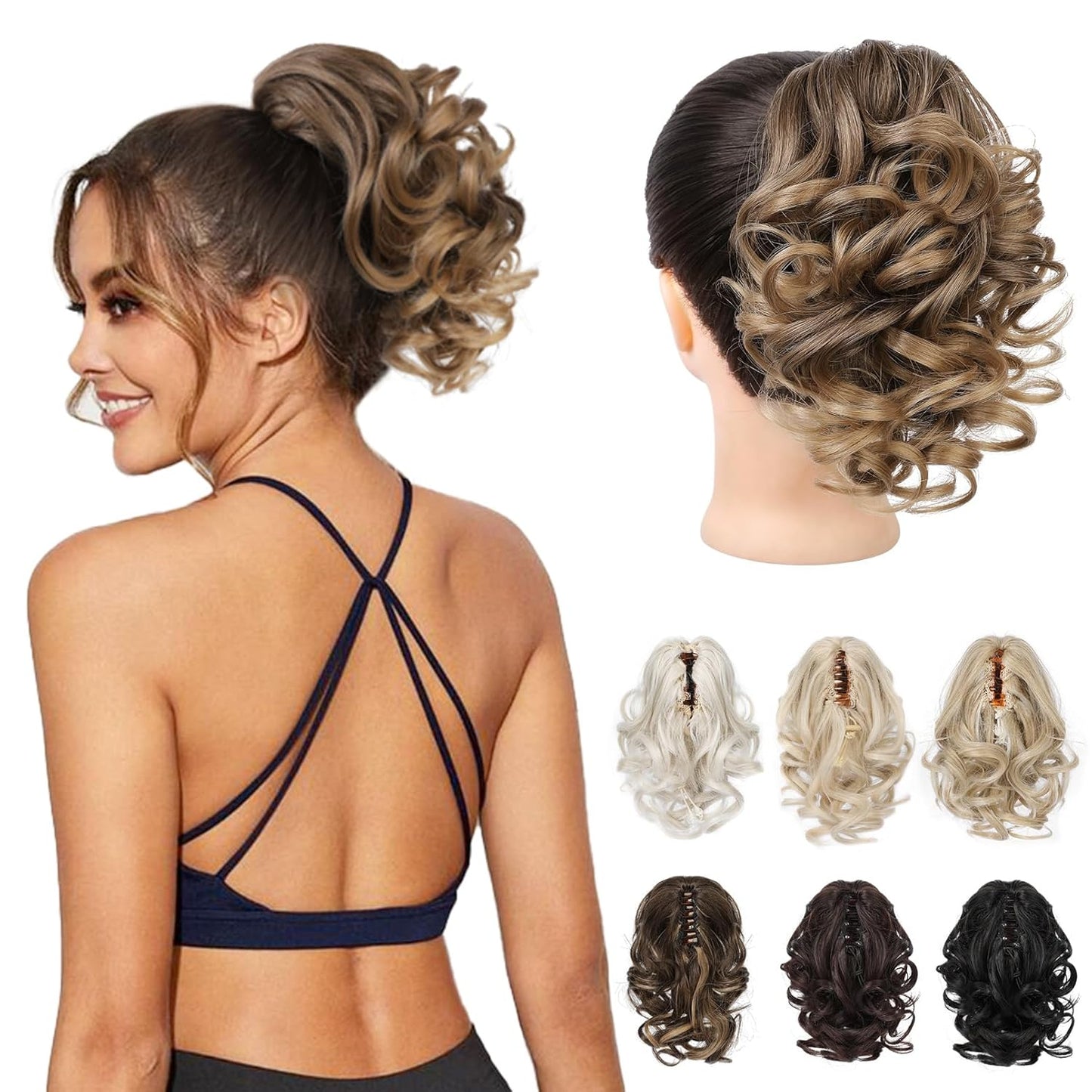 Ponytail Extension - 9" Claw Clip Short Curly Wavy Hairpiece | Dark Ash Blonde with Golden Ends