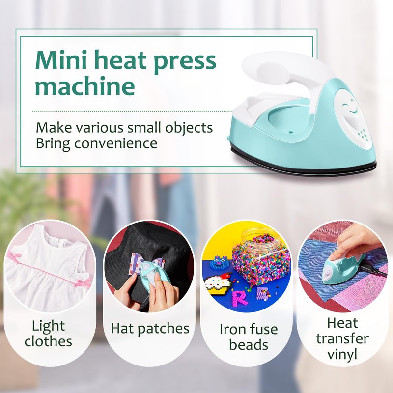 Honoson Mini Craft Iron Mini Heat Press Small Iron 3.93 x 2.36 x 2.76 in Portable Handy Tiny Flatiron with Charging Base Accessory for Fuse Bead Patch DIY Heat Transfer Vinyl(Mint Green)