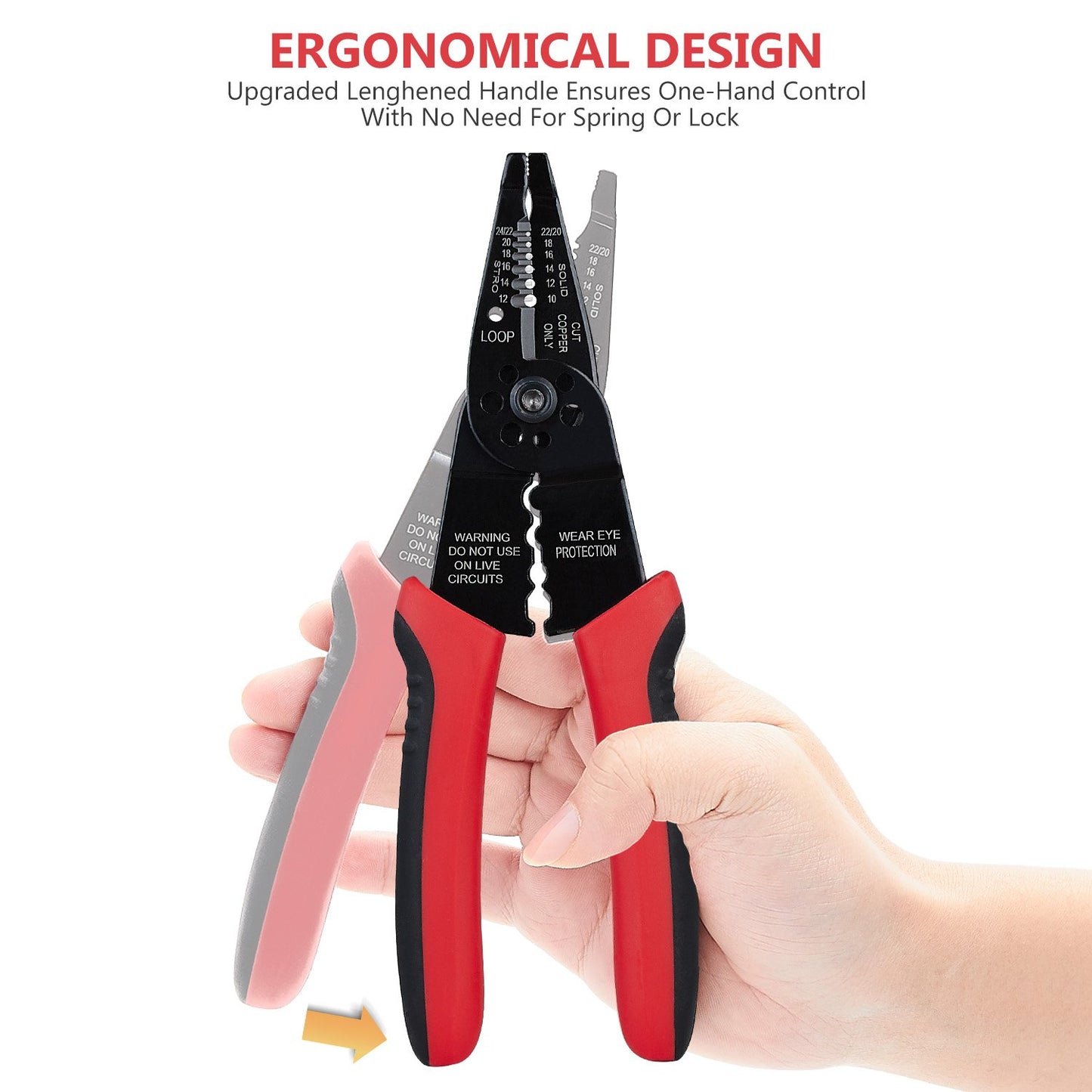 WGGE WG-015 Professional 8-inch Wire Stripper/Crimping Tool, Cable Cutter/Crimper, Wiring and Multi-Function Hand Tool, Red With Black