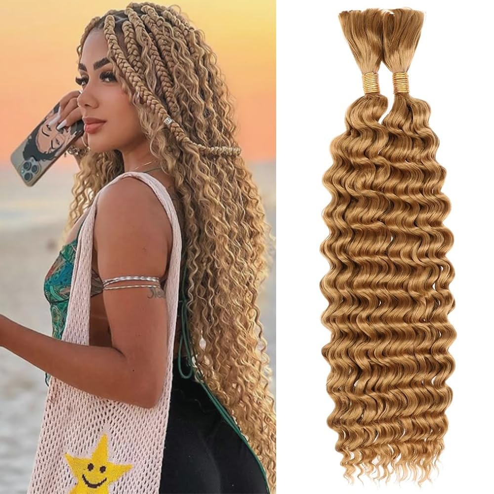 Honey Blonde Human Braiding Hair for Boho Braids 2 Bundles 18 Inch 110g 12A 27 Blonde Deep Wave Braiding Hair for Braids Brazilian Bulk Human Hair Extensions