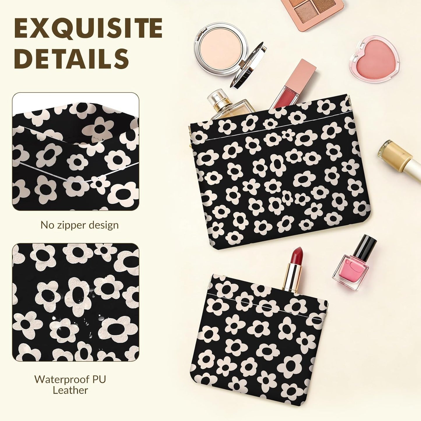 Makeup Bag Set - 2 PCS PU Leather Cosmetic Organizers | Portable Self-Closing Pouches for Travel - Black & Beige Floral