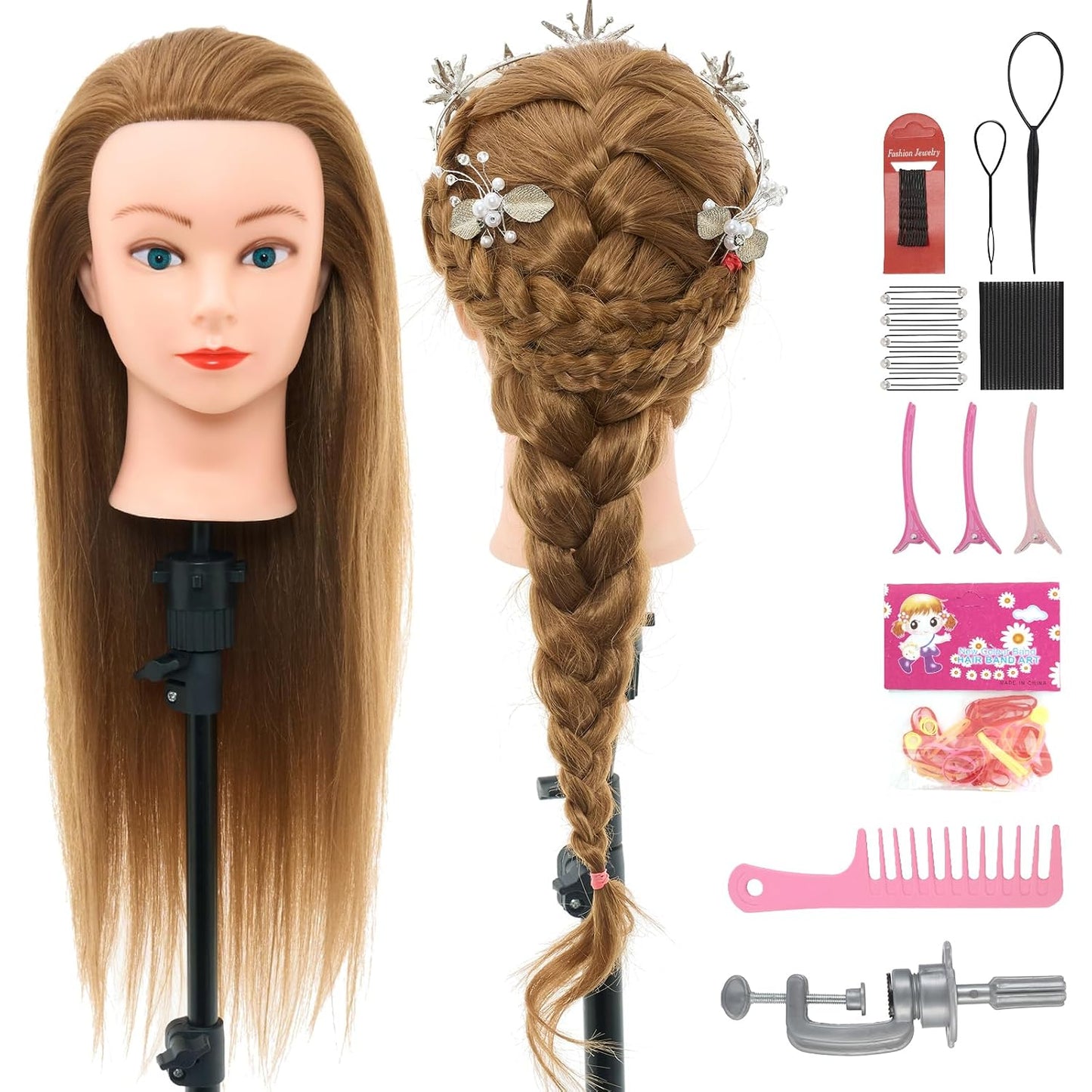 28-Inch Real Hair Mannequin Head - Cosmetology Styling Tool for Braiding, Curling & Cutting | Blonde