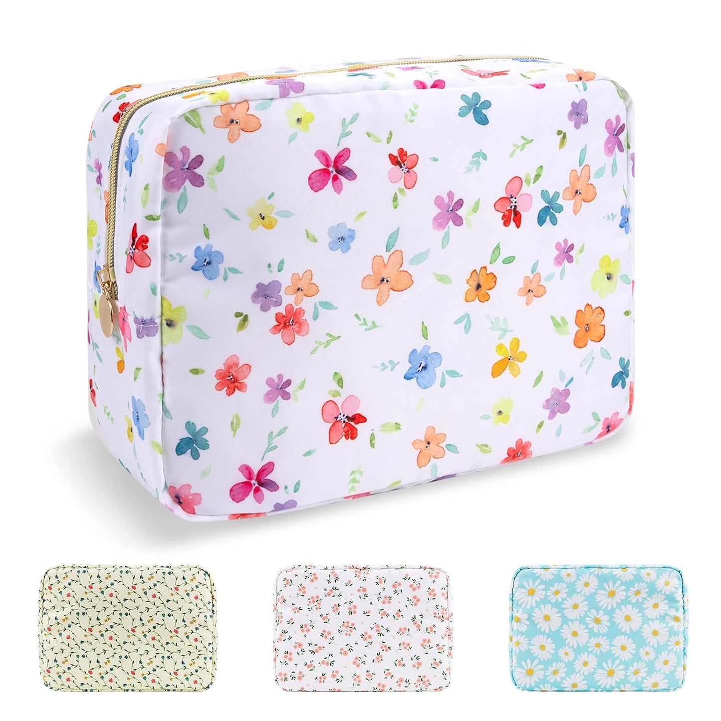 Waterproof Mini Floral Makeup Bag - Nylon Travel Pouch for Women | Cute Zipper Toiletry Organizer (Mini White-Flowers)