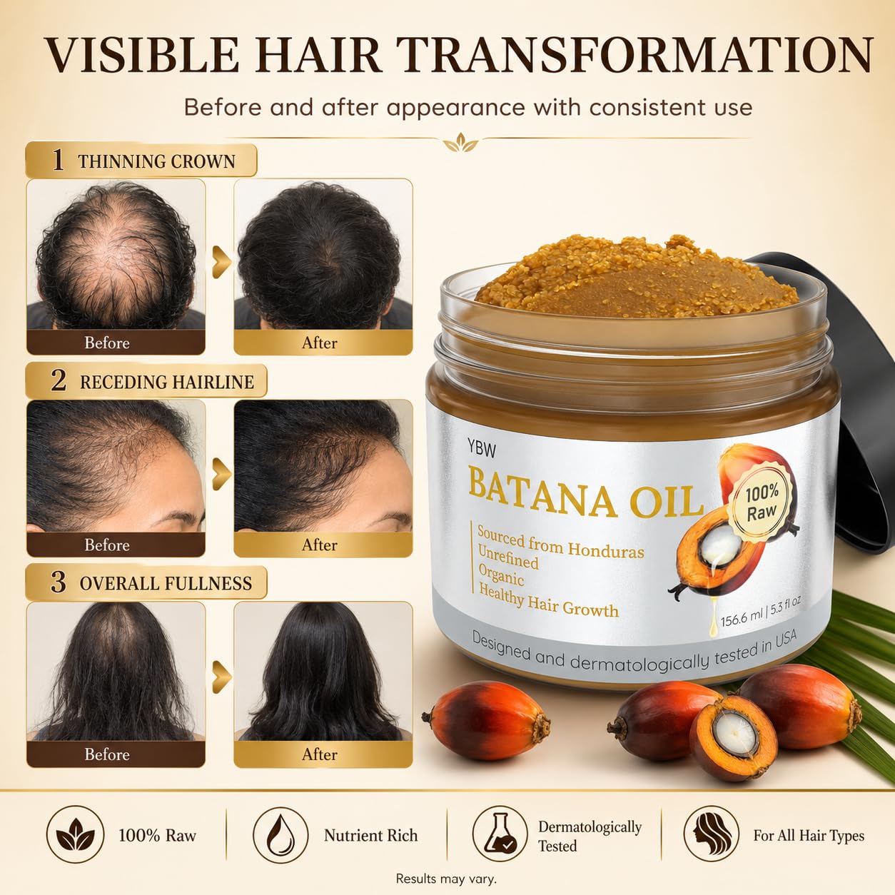 YBW Batana Oil for Hair Growth Dr. Sebi Organic, Natural, Pure and 100% Raw Batana Oil Paste from Honduras - Botana Enhances Hair Thickness, Prevents Loss for Men and Women
