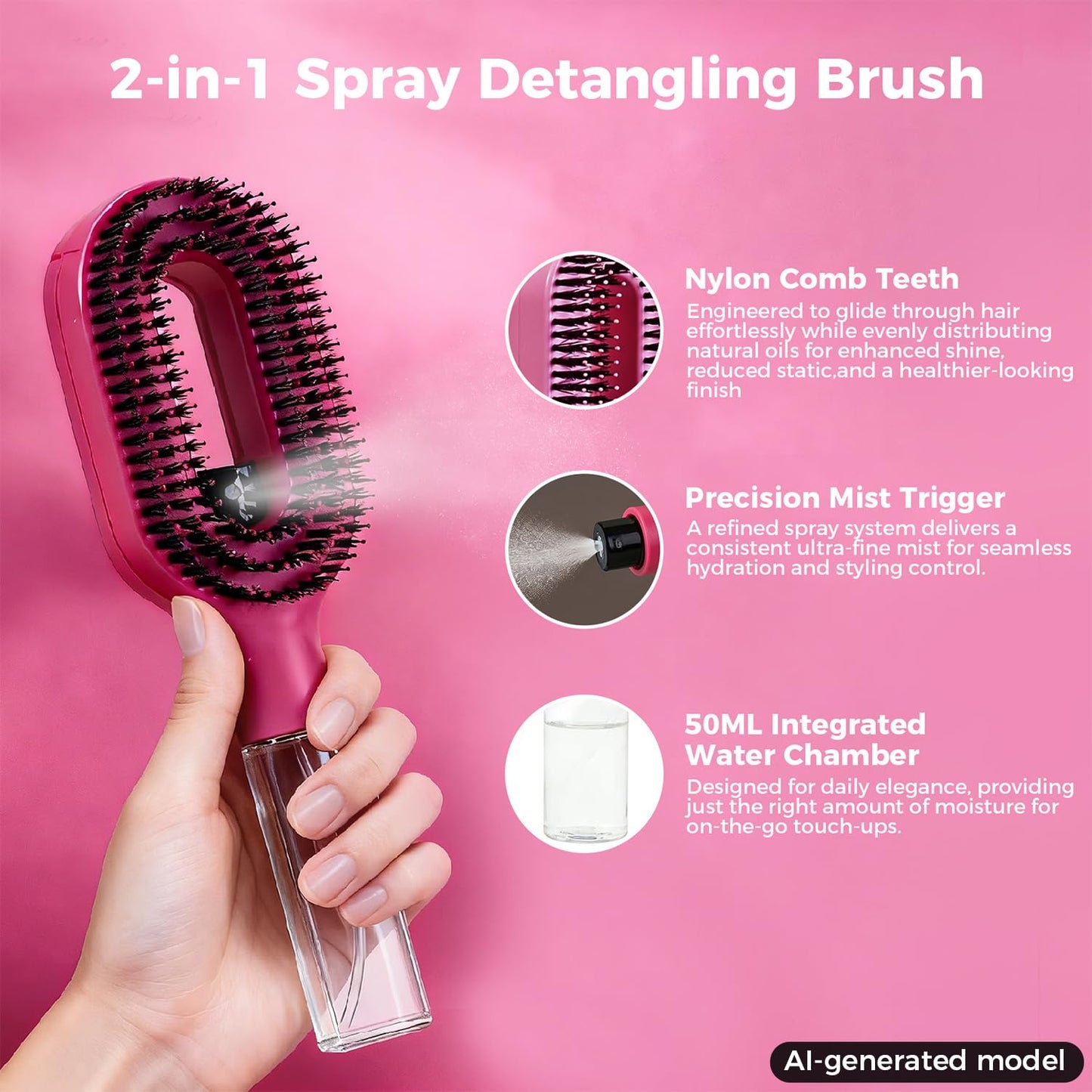 2-in-1 Mist Hair Brush - Detangling Spray Brush for Hydrating & Frizz Control | Hot Pink