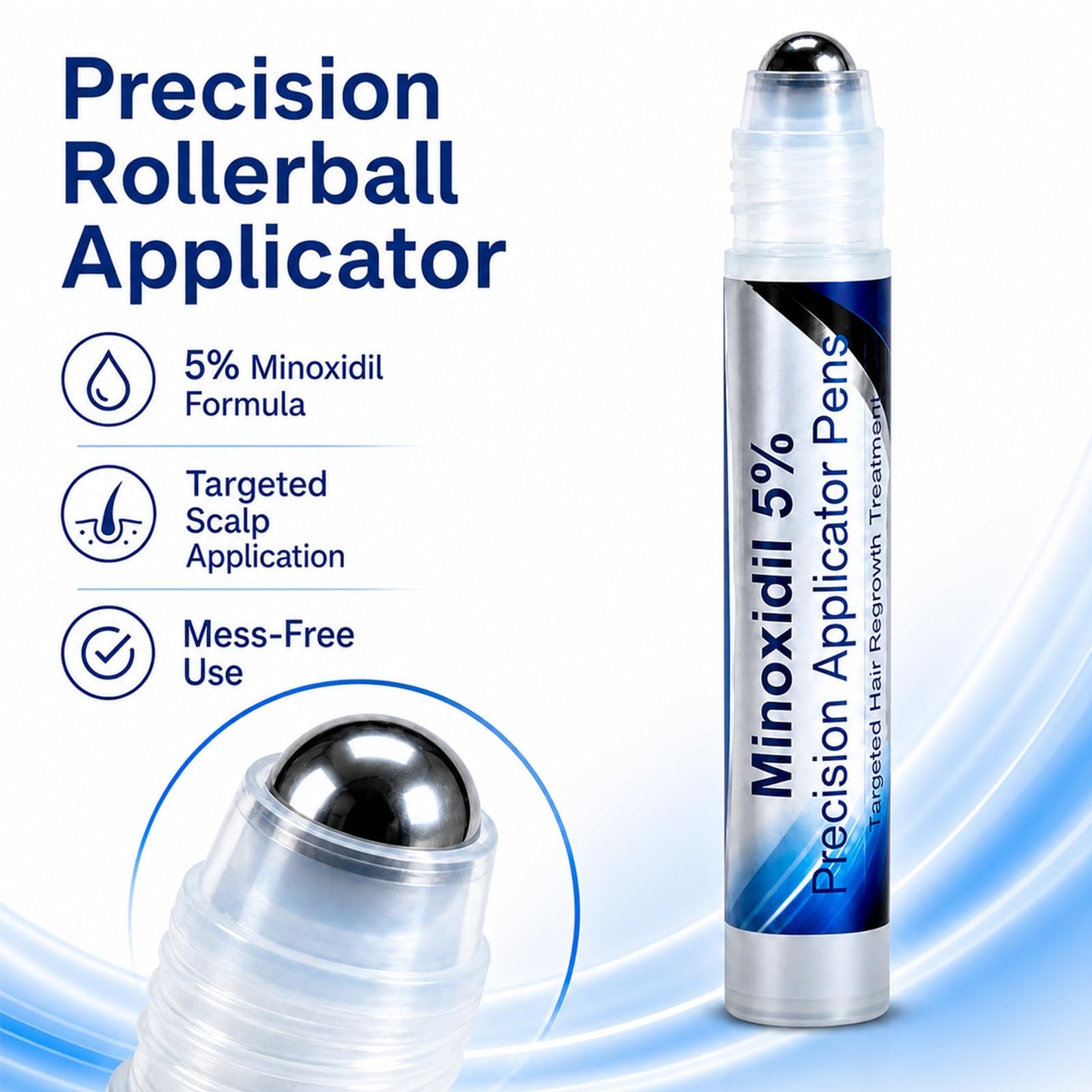 Minoxidil 5% Hair Growth Serum Roll On, Precision Applicator Pens for Men & Women, Topical Hair Regrowth Treatment, Targeted Scalp Application, Easy Dosage Control, 6 Pens x 30 mL