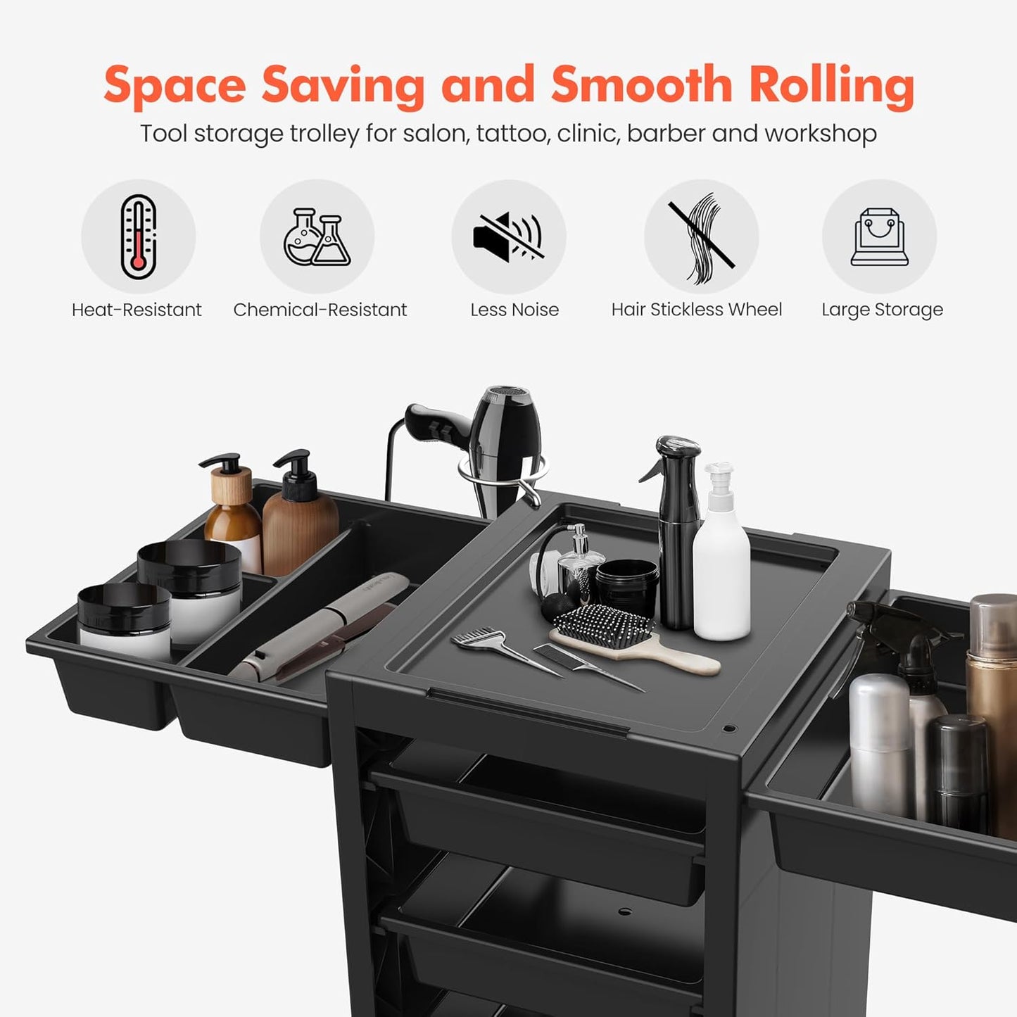 Salon Trolley Cart with Wheels - 5 Drawers & Dryer Holder | Space-Saving Beauty Cart for Hair & Tattoo Use