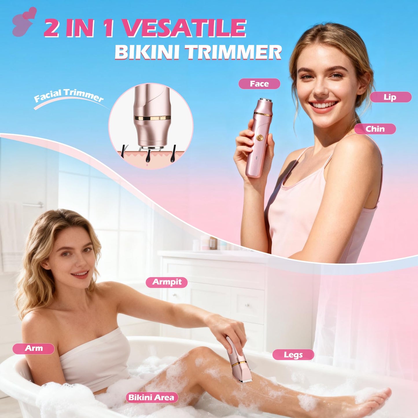 Bikini Trimmer for Women 2-in-1 Electric Razors for Women with Body & Facial Heads, Rechargeable Bikini Shaver for Smooth Pubic & Body Grooming, Waterproof, Portable & Travel-Friendly Gift