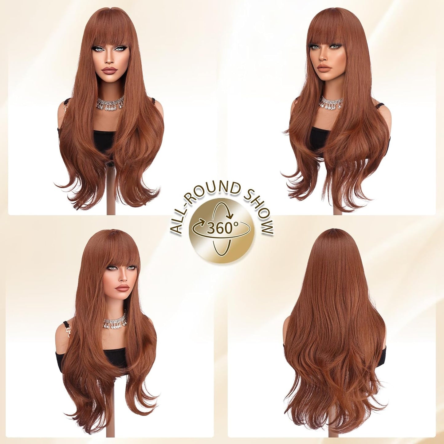 Auburn Wigs with Bangs - Long Layered Synthetic Heat-Resistant Wavy Hair | 26 Inch for Daily Wear & Parties