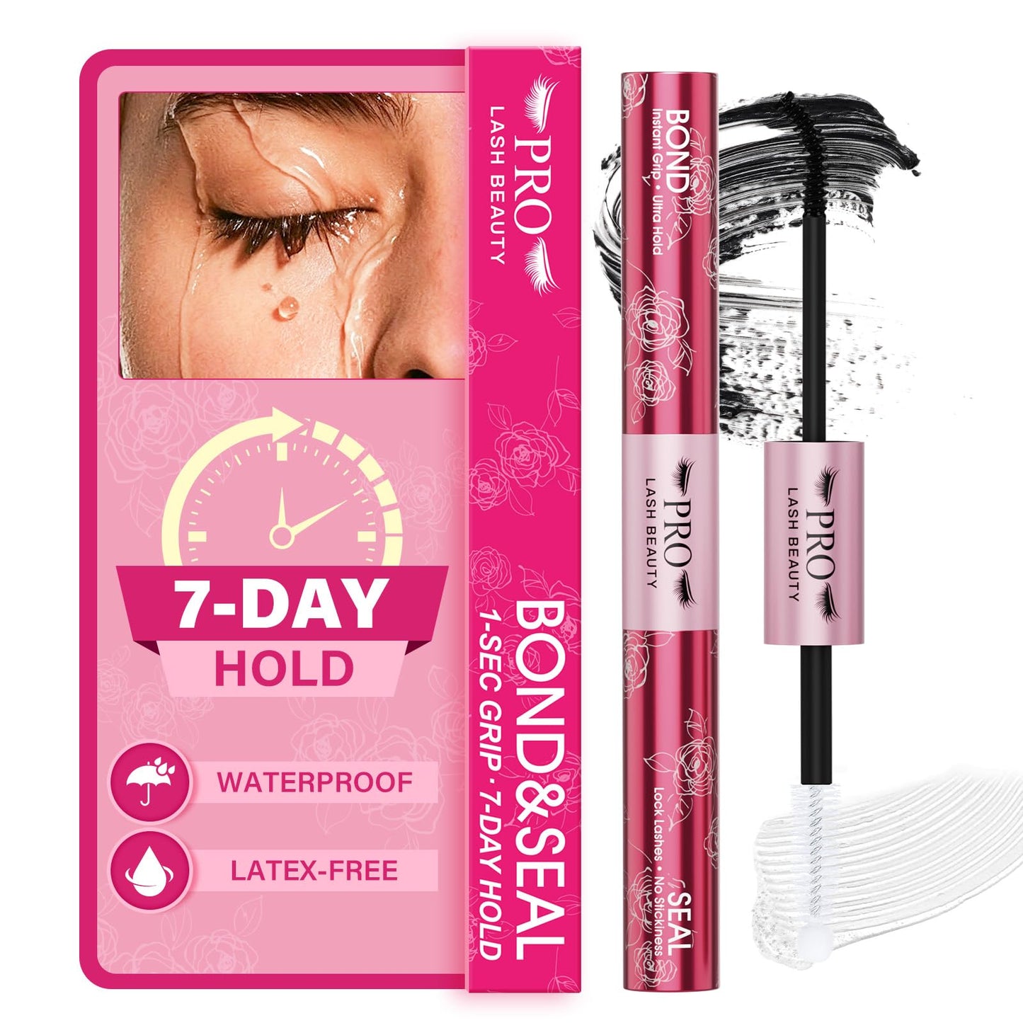 PROLASHBEAUTY Lash Cluster Glue 10ML Lash Bond and Seal for Eyelash Clusters, Long Lasting Strong Hold 2-in-1 Home Use(Black Bond&Clear Seal)