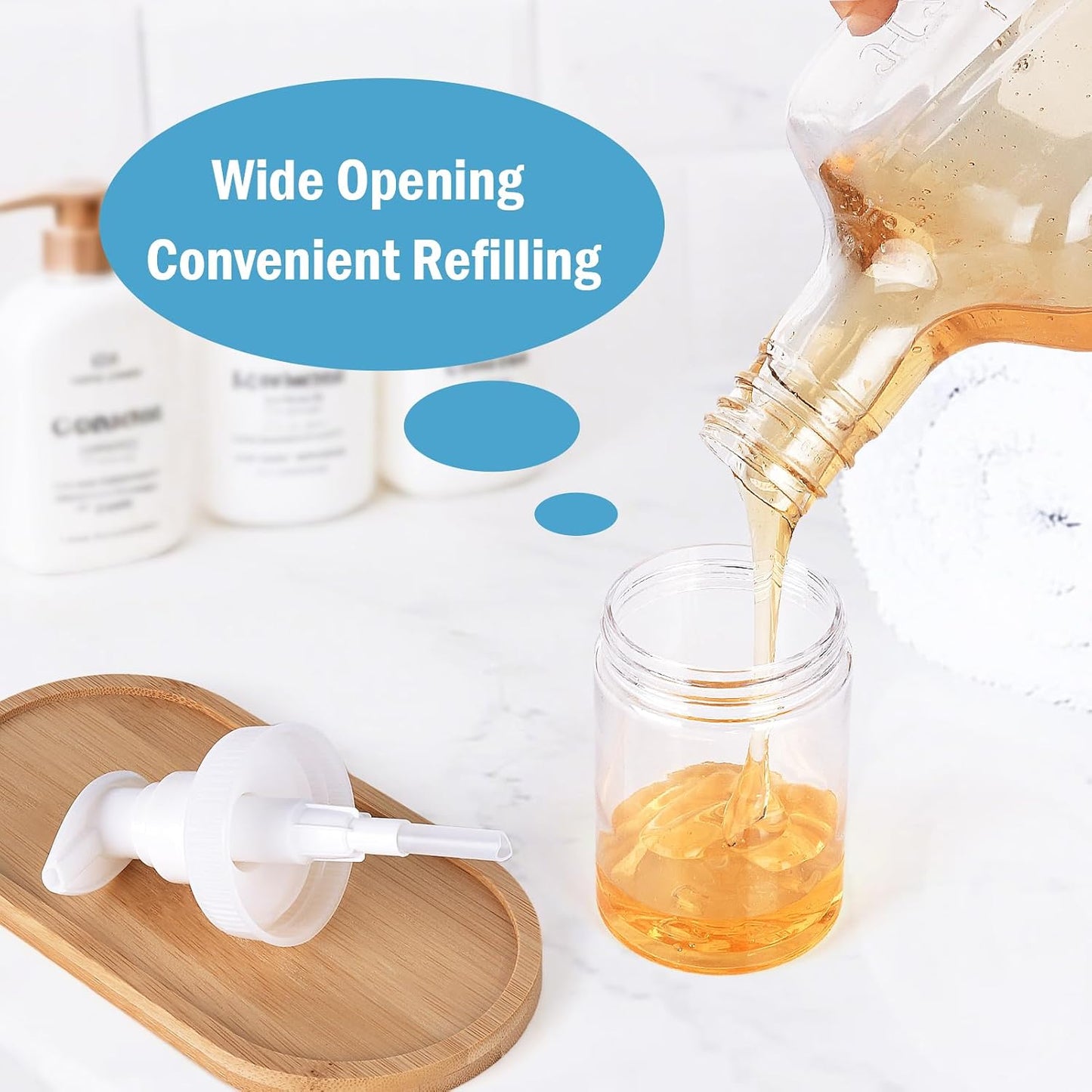Pump Bottle Dispenser - 4oz Refillable Lotion Containers | Clear Plastic Wide Mouth Jars - 4 Pack for Shampoo & Body Wash