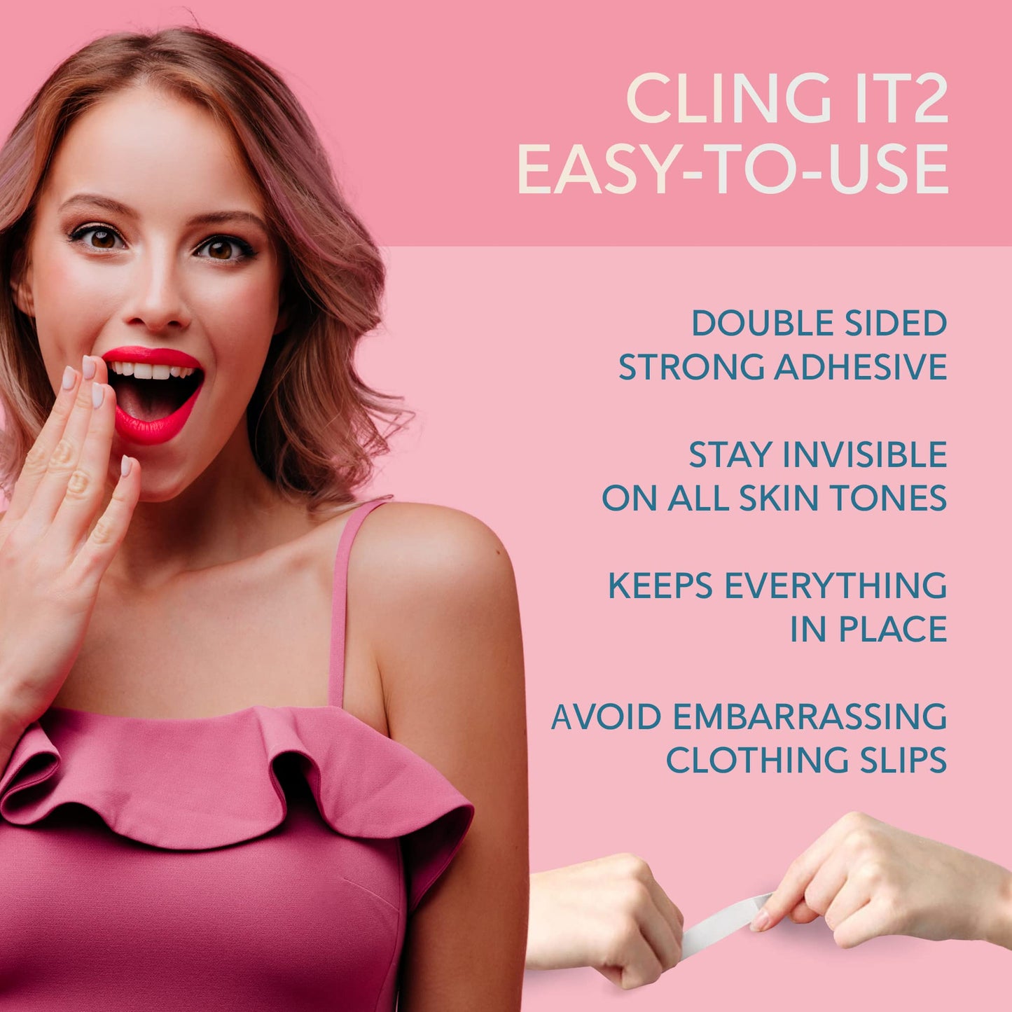 CLING IT2 Double Sided Tape for Clothes, Extra Strength All Day Adhesive Clothing Tape, Versatile Fashion Tape for Fabric, Dress, Cloth, Hemming, No Residue, Gentle on Skin & Body, Transparent Tape.