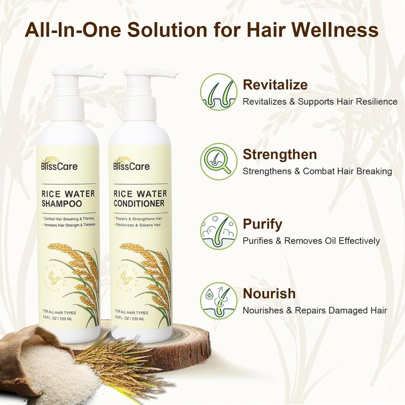 Rice Water Shampoo & Conditioner Set - Strengthen & Revitalize Hair | Nourishing Biotin Infusion for All Hair Types