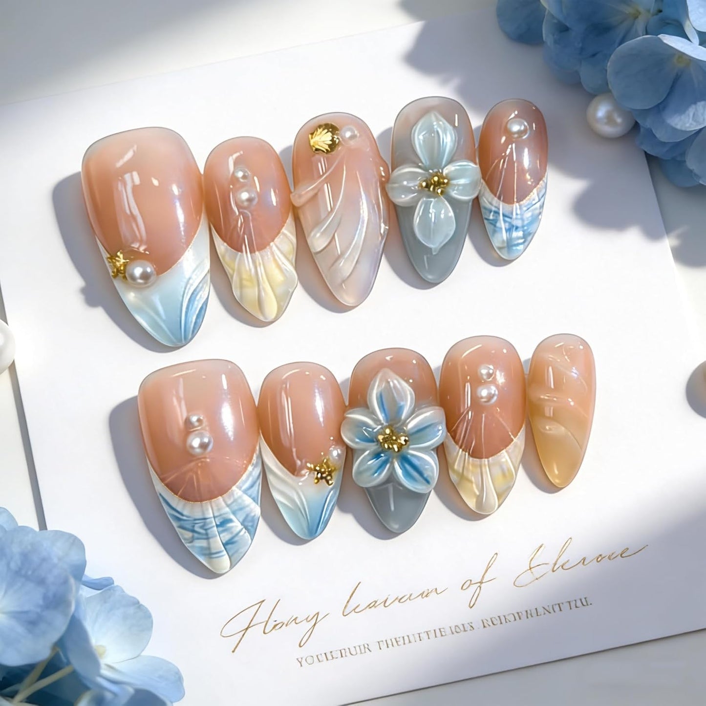Press On Nails - Short Almond French Tip with Blue 3D Flowers | Glossy Acrylic Beach Designs for Women