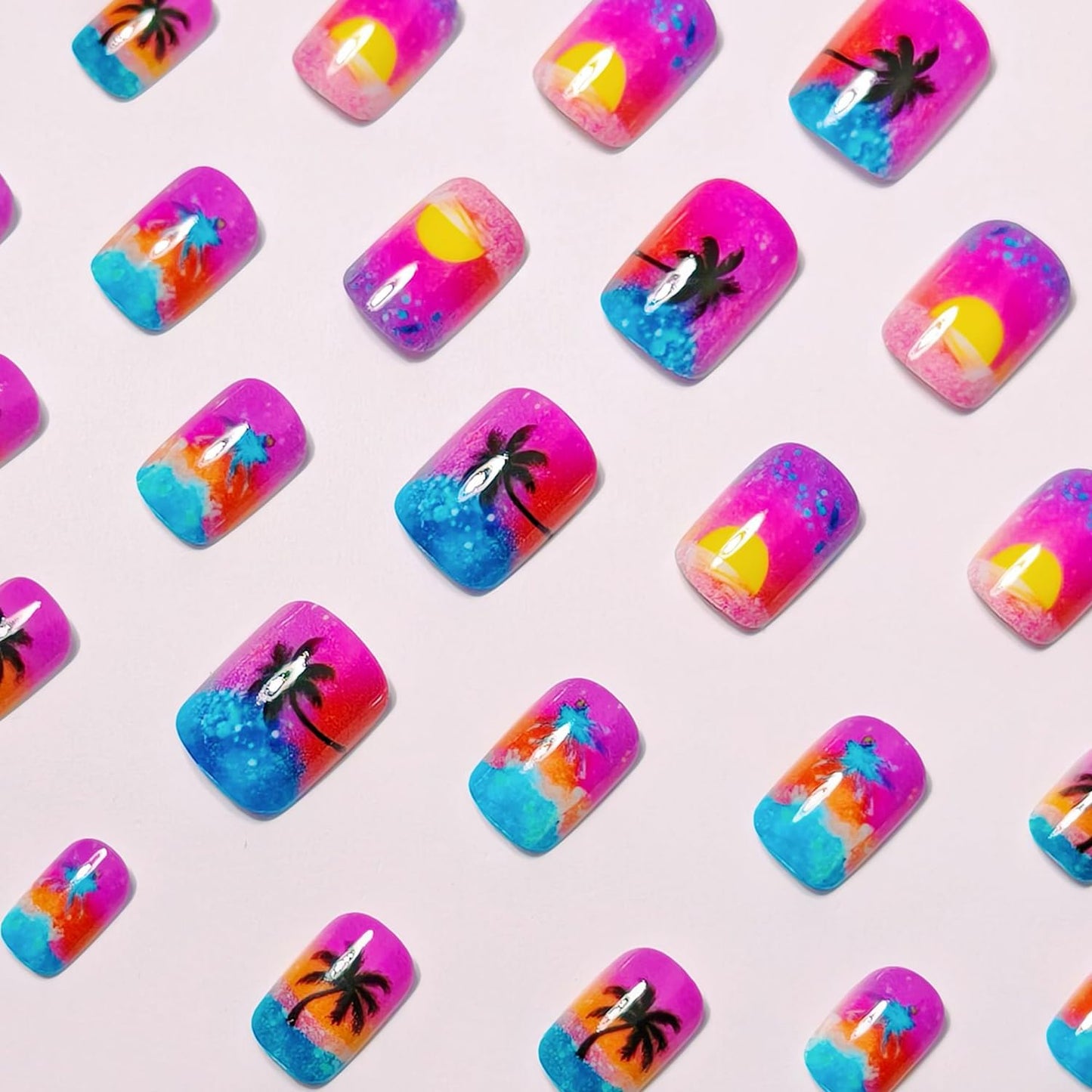 Summer Press on Nails Short Square Fake Nails with Summer Sunset Coconut Trees Design Spring Nails Blue French Tips Glue on Nail Full Cover Glossy Reusable Summer False Nail for Women Manicure 24Pcs