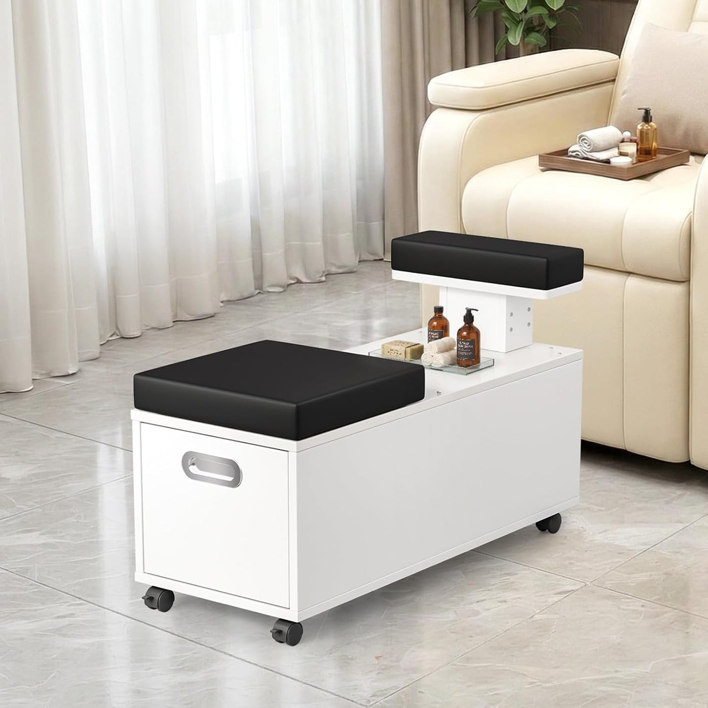 Pedicure Cart - OmySalon Foot Bath Trolley with Storage Drawer & Foot Rest | White, Locking Wheels for Beauty Spa