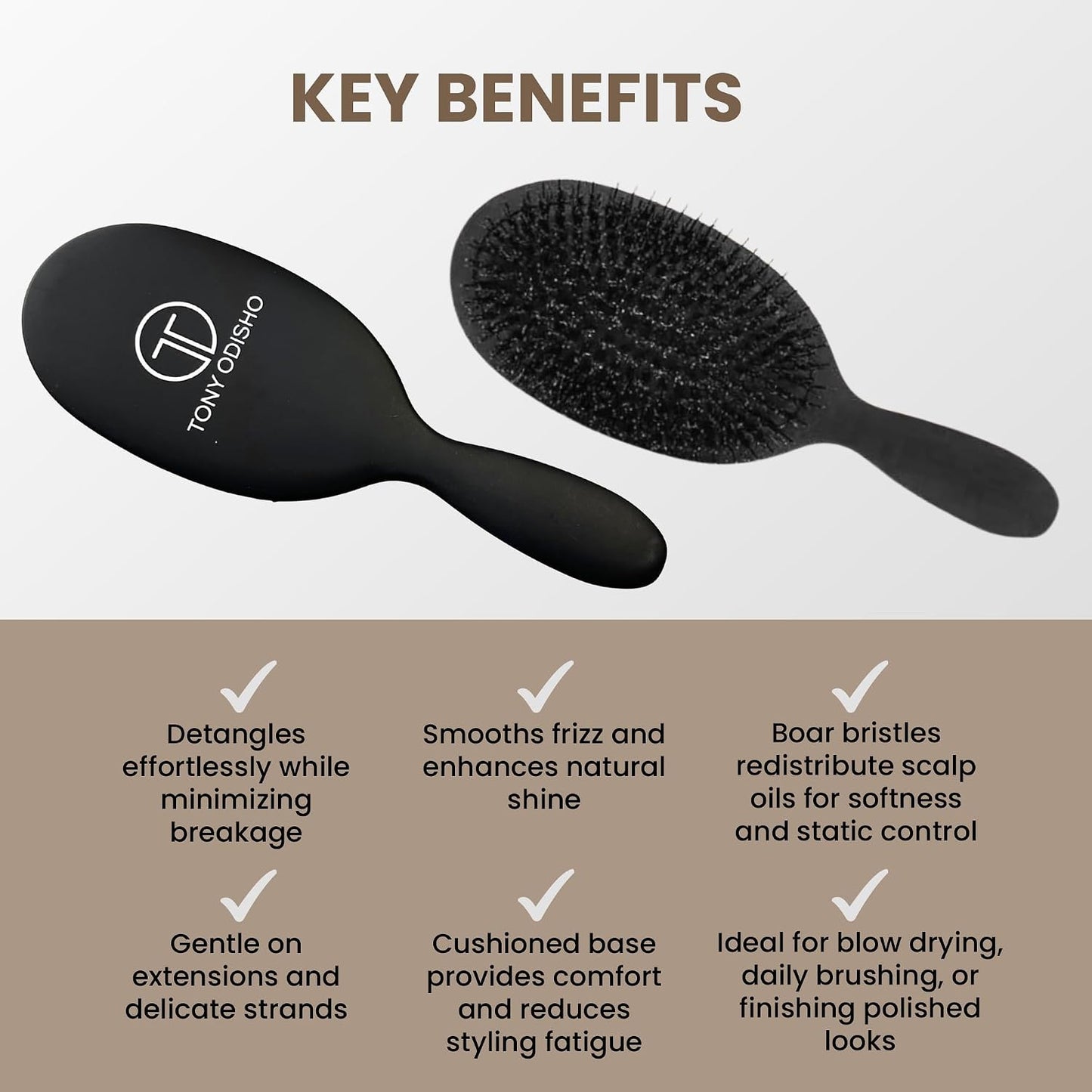 Professional Paddle Hair Brush - Tourmaline Cushion Brush with Boar Bristles for Gentle Detangling | Large Black
