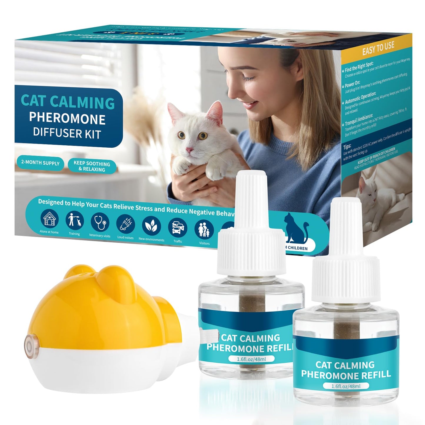 3-in-1 Cat Calming Diffuser, Cat Pheromones Calming Diffuser for Cat Anxiety Relief, Cat Pheromone Diffuser with 1 Diffuser + 2 Refills 48ml Vial, 60 Days Pheromone Diffuser to Calm Cats & Multi-cat