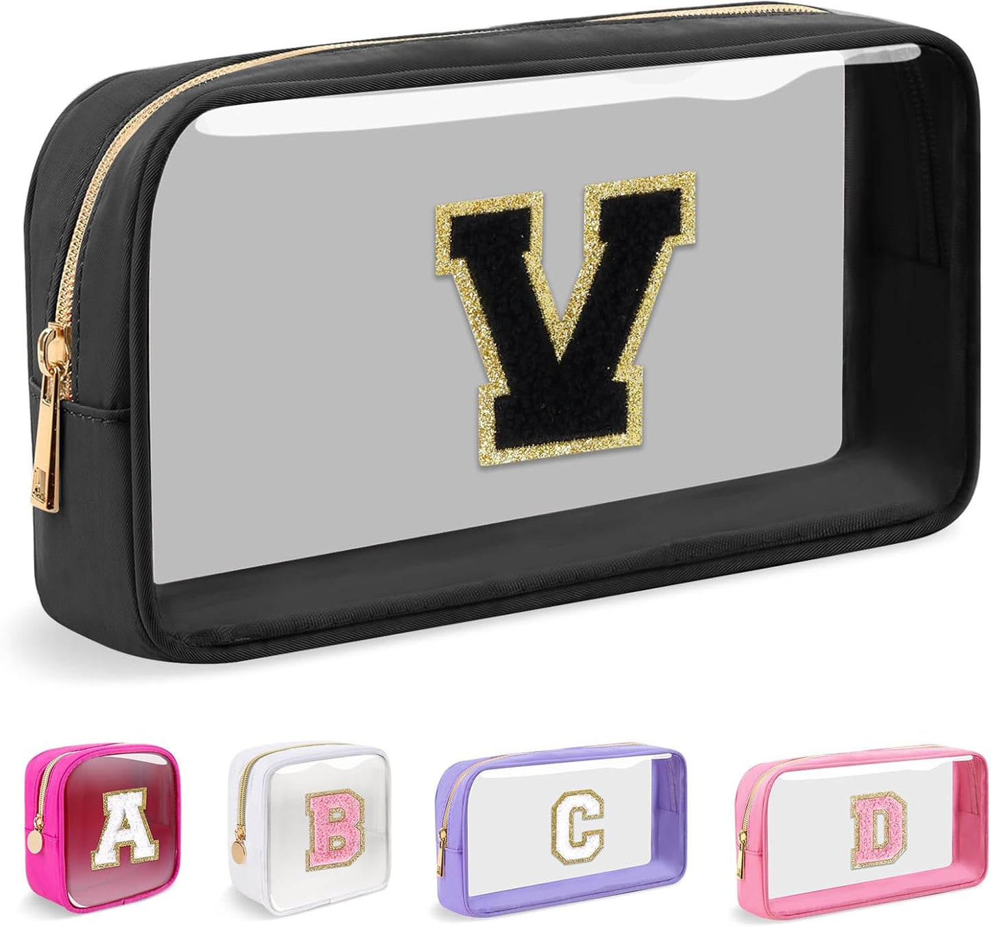 Personalized Initial Makeup Bag - Waterproof Nylon Cosmetic Pouch | A-Z Chenille Letter Patch, White-Pink G