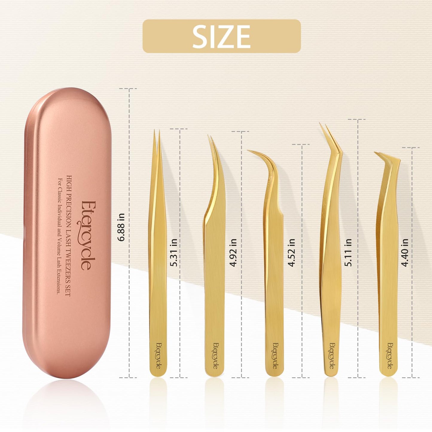 Etercycle High Precision Lash Tweezers Set - Includes 5 Stainless Steel Eyelash Tweezers for Classic Individual and Volume Lash Extensions. Complete with Storage Box