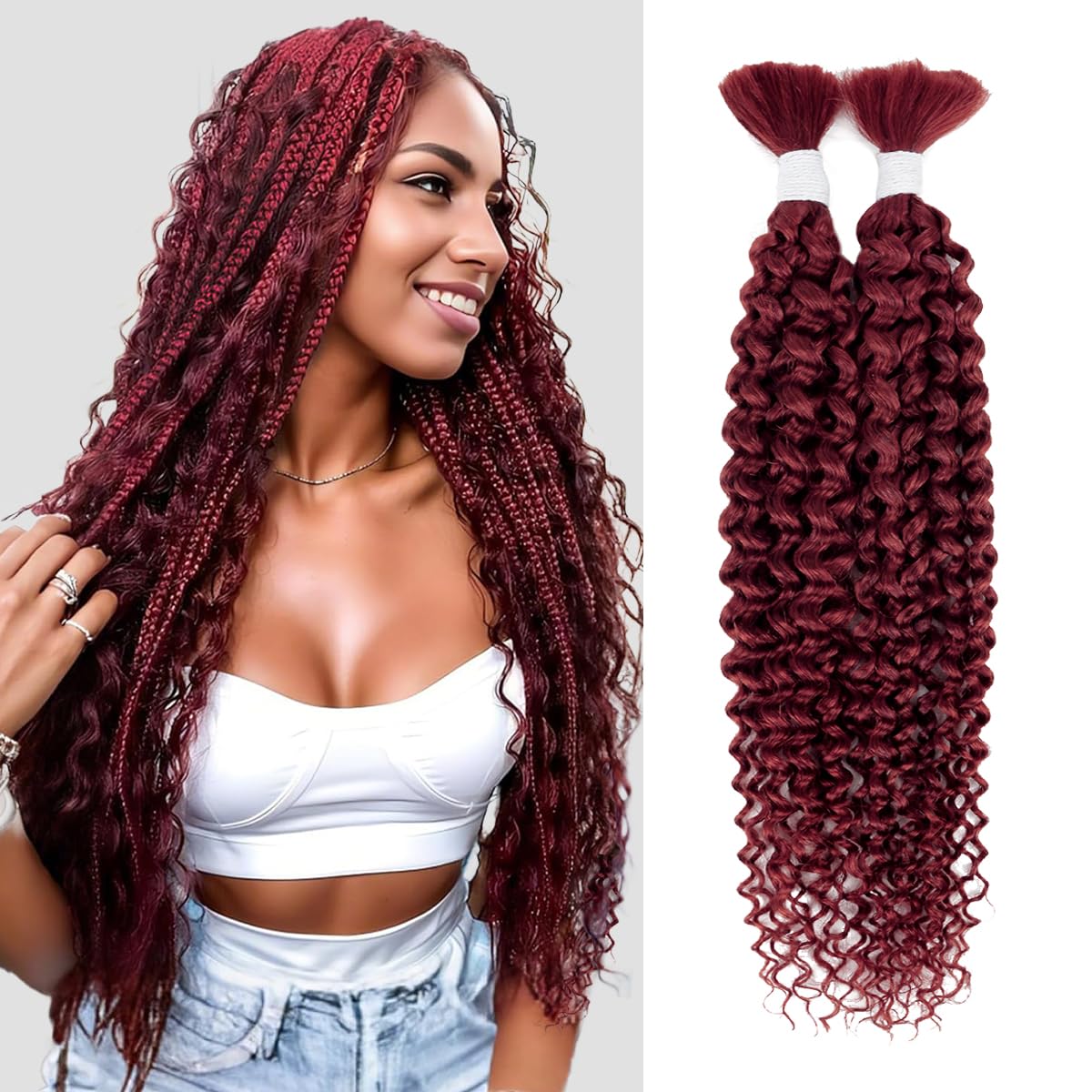 Human Braiding Hair for Boho Braids Human Hair 2 Bundles 100g Water Wave Bulk Human Hair for Braiding Burgundy Color No Weft Hair Extensions for Boho Knotless Braids 22 Inch (99J#)