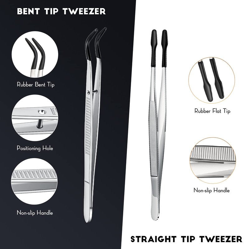 2 Piece Tweezers with Rubber Tips Set - Bent and Straight Flat Tips Tweezers PVC Coated for Stamp Coins Jewelry Crafts, Electronics(Silver, Black)