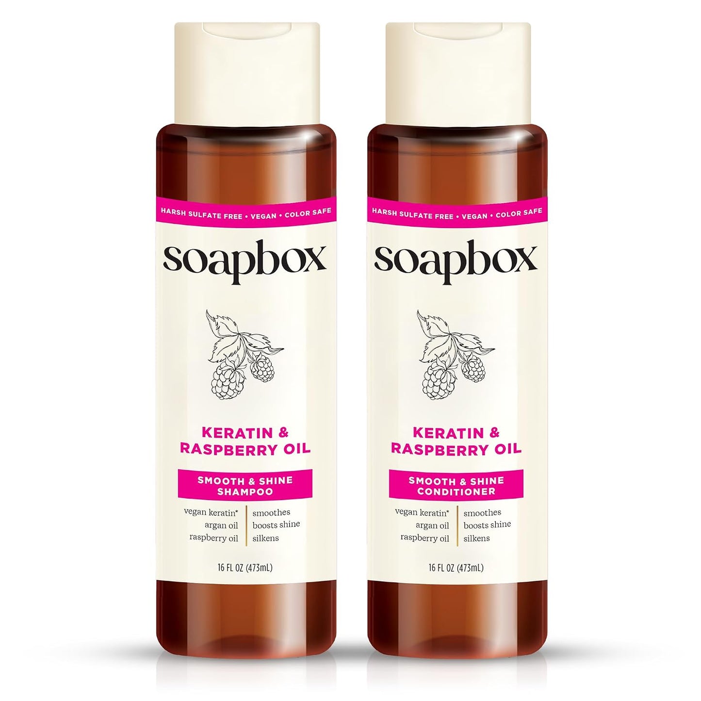Keratin & Raspberry Seed Oil Shampoo & Conditioner Set - Shiny, Smooth Hair | 16 oz Each, Clean Ingredients