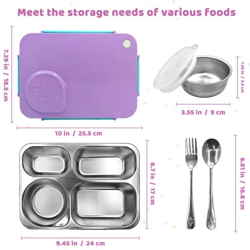 NaTuGi Kids Stainless Steel Lunch Box,304 Stainless Toddler Leak-Resistant Insulated Bento Box,Suitable For Schools,Office,Use Comes With An Independent Soup Cup,Tableware,4 Compartments (Purple)