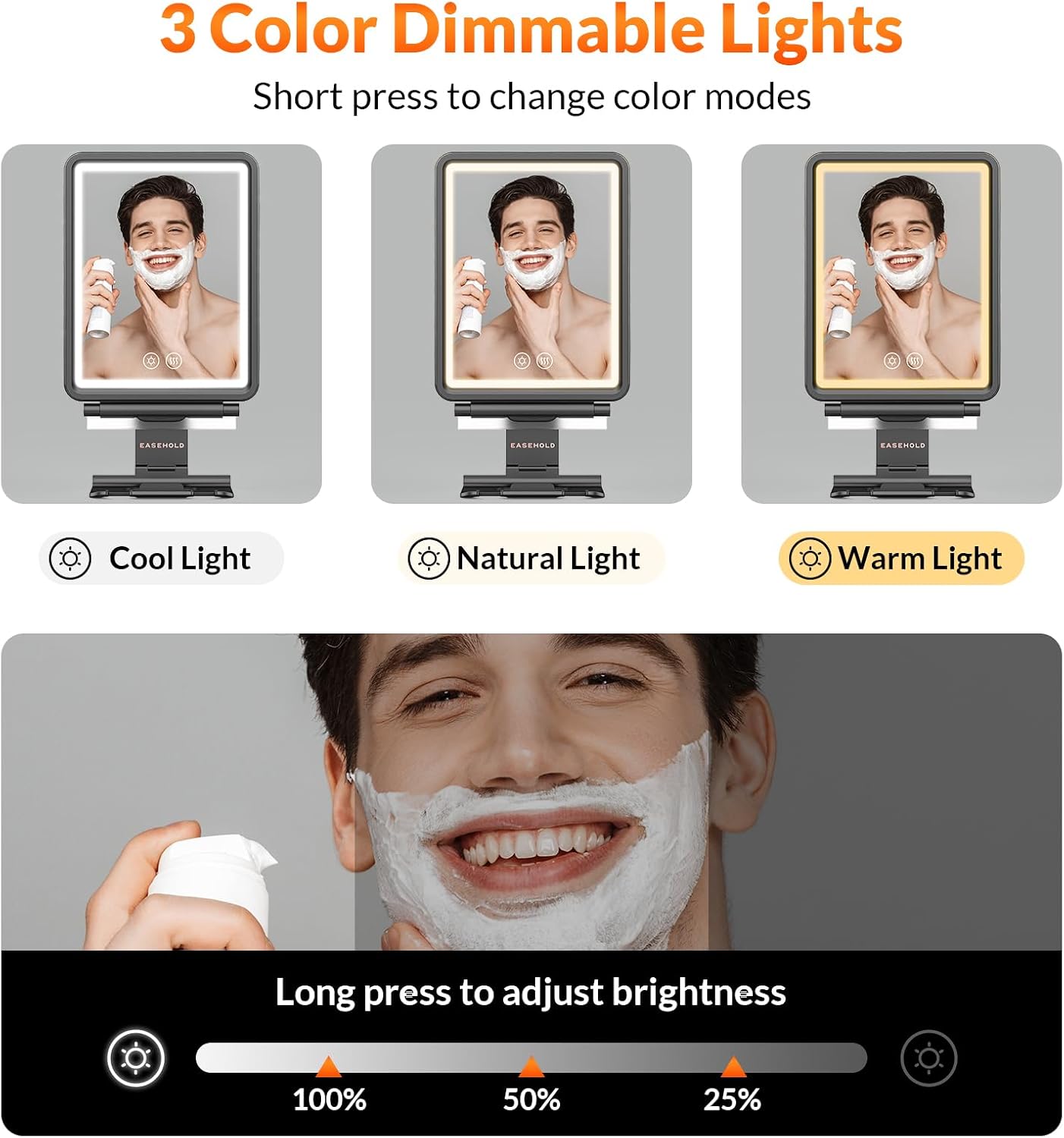 Fogless Shower Mirror for Shaving - Heated LED with 3 Color Lights | Adjustable Anti-Fog Holder & Storage Tray