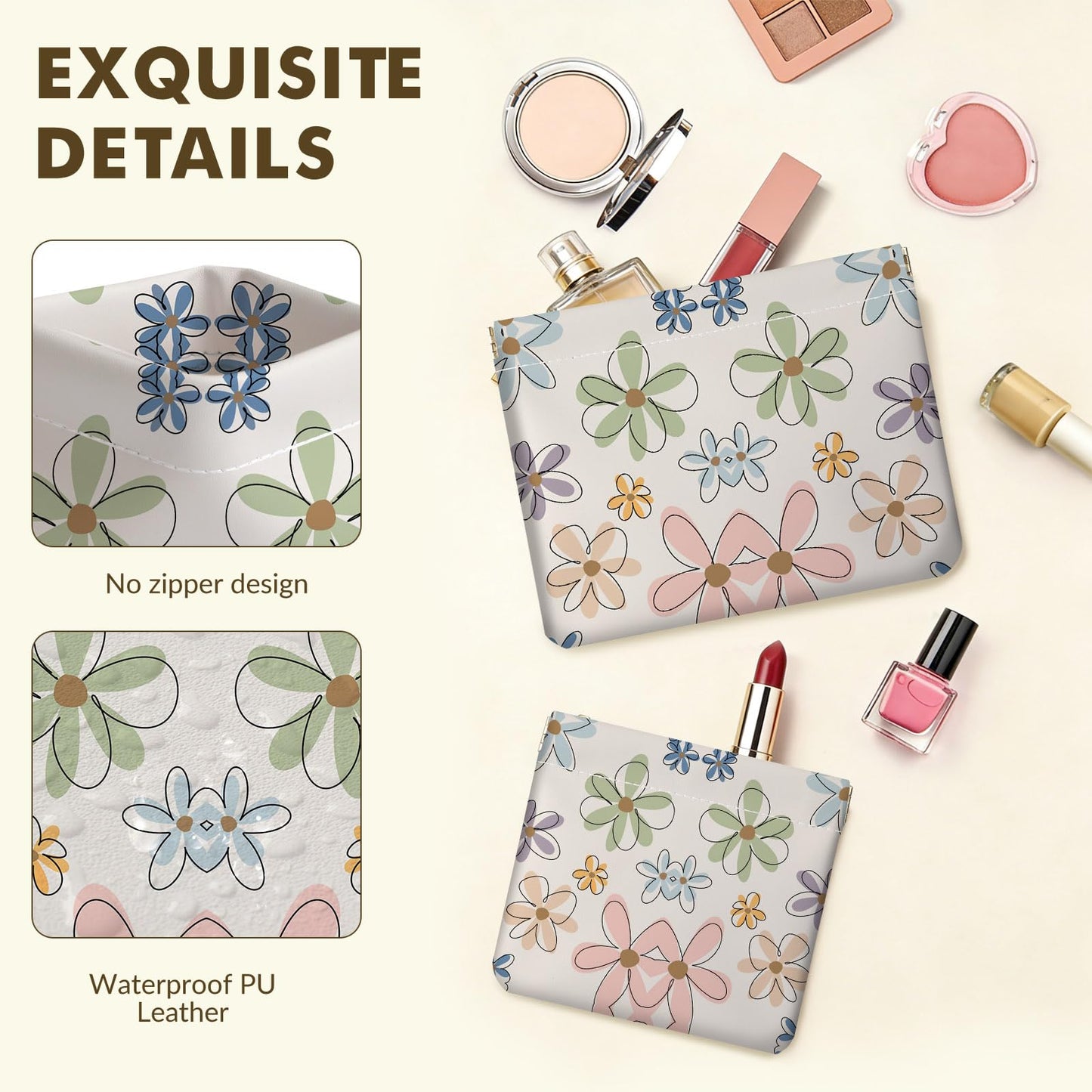Luoycxy 2 PCS PU Leather Small Makeup Bag Set for Purse,No Zipper Self-closing Cosmetic Bag, Portable Coin Purse Lipstick Accessories Organizer Travel Toiletry Storage Pouch for Women,Line Flower A