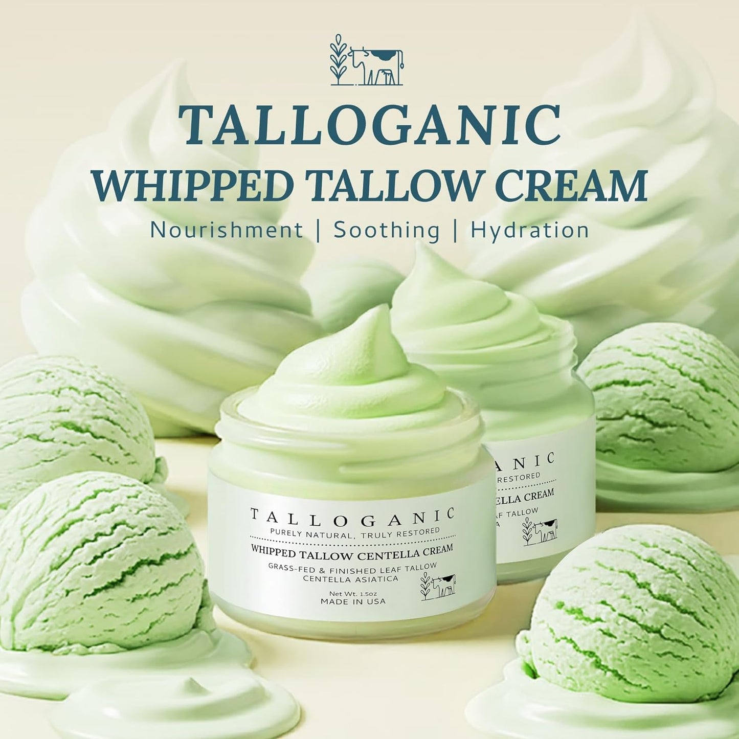 Beef Tallow Skin Cream - Grass-Fed Whipped Tallow Moisturizer for Dry & Sensitive Skin | 100% Natural, Made in USA