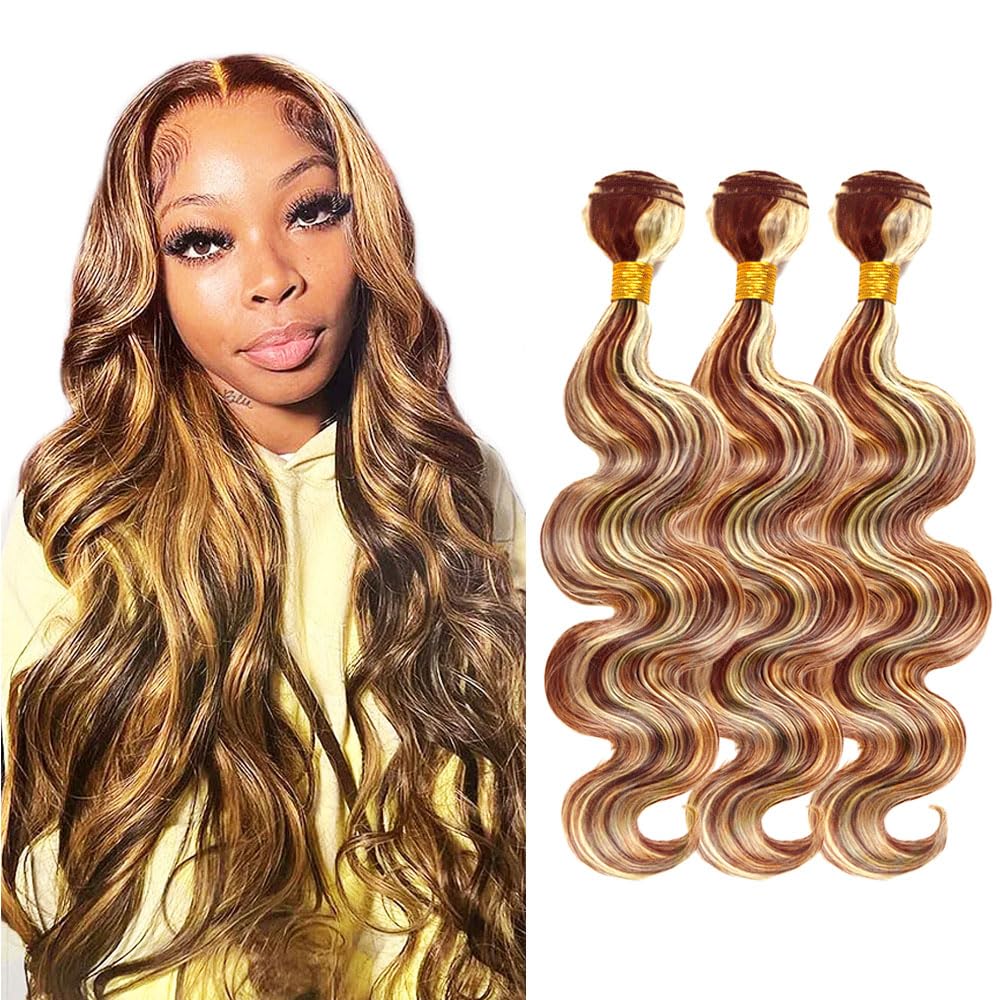 P30/613 Hilight Brown Bundles Human Hair Body Wave Bundles 30 32 34 Inch Blonde Body Wave Bundles Unprocessed Brazilian Virgin Hair Deals Quick Weave Hair Extensions 3 Bundle 100 Gram Per Bundle