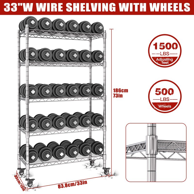 AIRAJ 33”W Storage Shelves with Wheels | 5 Tier Wire Shelving | 1500 LBS Metal Shelving | Garage Shelving Units and Storage | Wire Rack Adjustable Layer Height | 33”W×13”D×73” H| Electroplated Silver