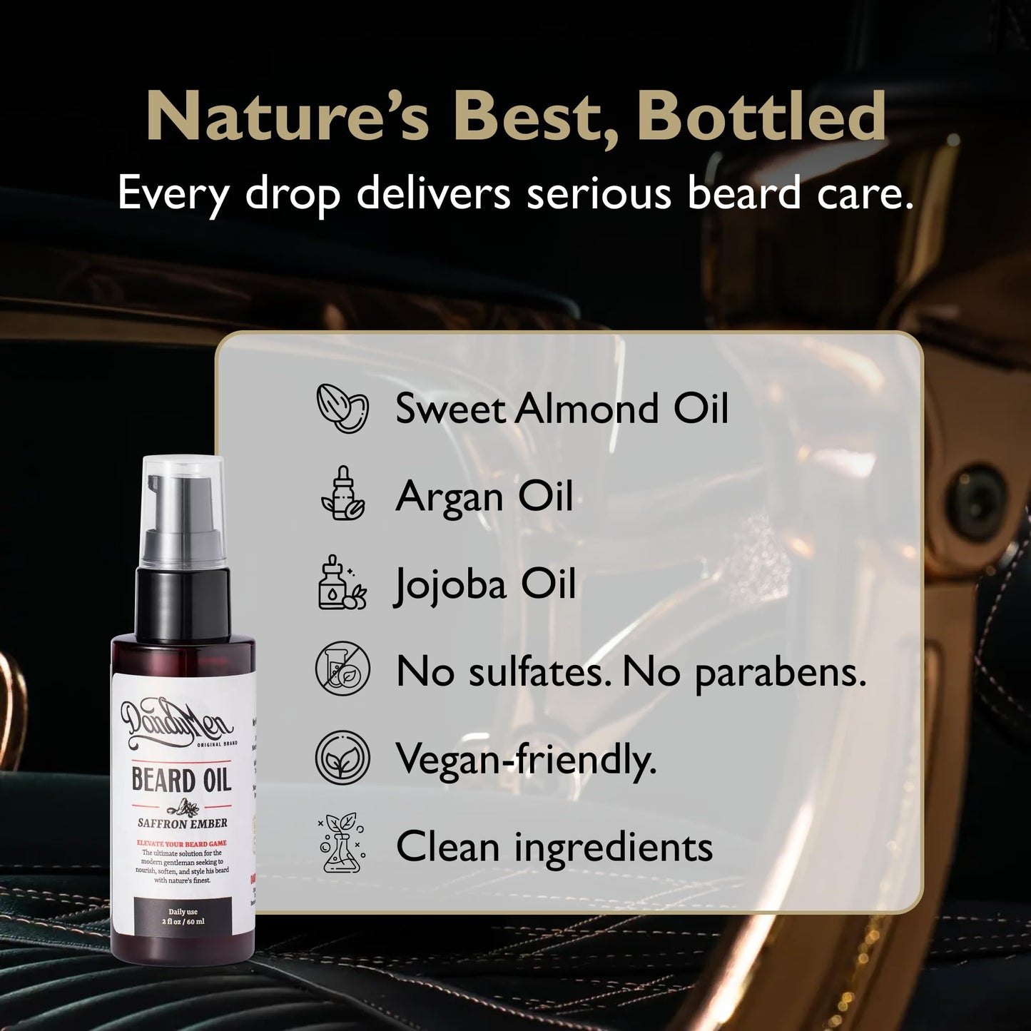 DandyMen Beard Oil for Men – Hydrating Beard Conditioner & Softener with Sweet Almond & Argan Oils – 2 oz, Saffron Ember