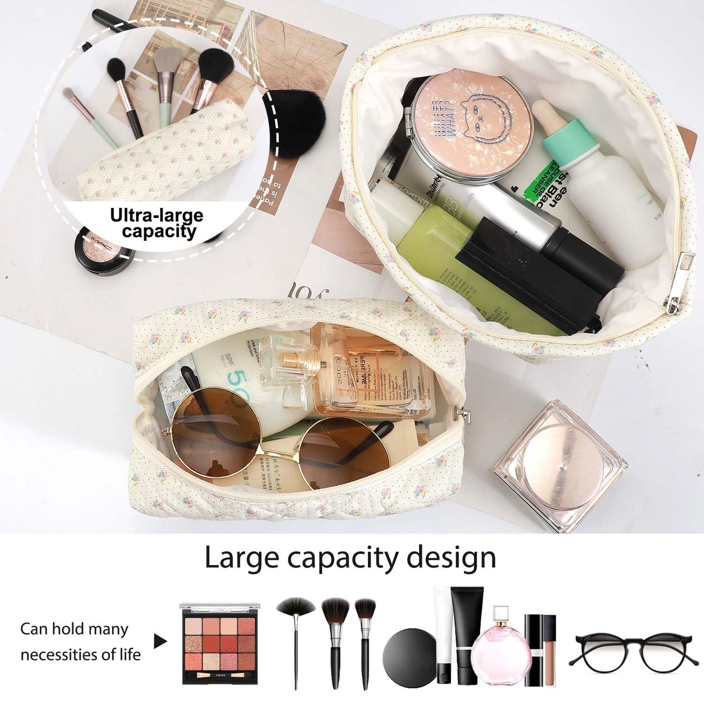 EIMMBD Makeup Bag 3 Pieces Large Capacity Checkered Cosmetic Bag Travel Toiletry Bag Organizer Cute Makeup Bag Pouch Storage Bag for Women(Beige Floral)