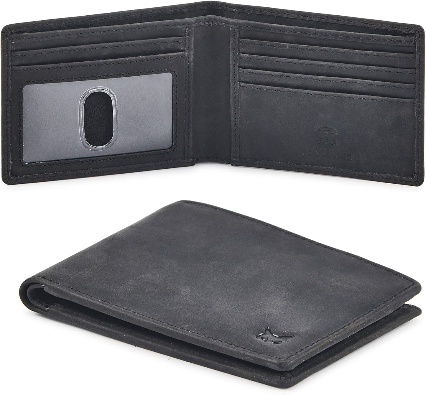 Real Leather Mens Bifold Wallet | RFID Blocking Slim Minimalist Design - Thin & Stylish with ID Window in Gift Box (Crazy Horse, Coffee)