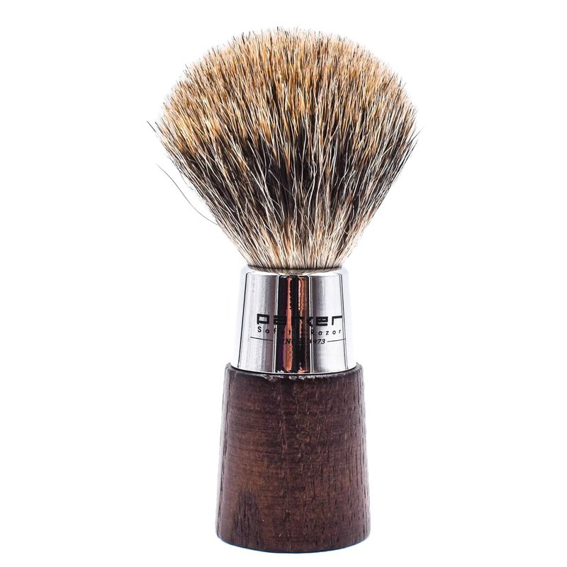 Parker 3-Band Pure Badger Shaving Brush with Stand – Long Loft Bristles for Generating a Rich Lather, Ergonomic Walnut Handle with Chrome Accents, Handmade Wet Shaving Brush | Iconic Brand