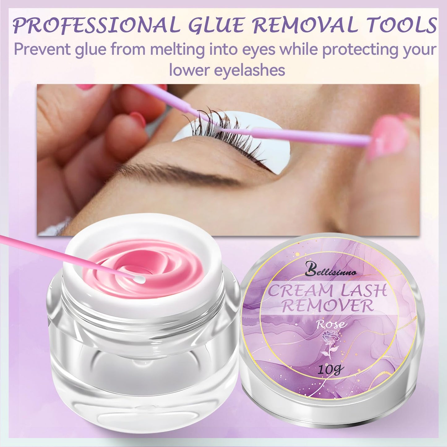 Bellisinno Eyelash Remover for Extensions, Eyelash Extension Remover Rose Scent, Lash Remover for Lash Extensions with Eye Pads, Non-Irritating, No Residual Fast Remover Kit,10g