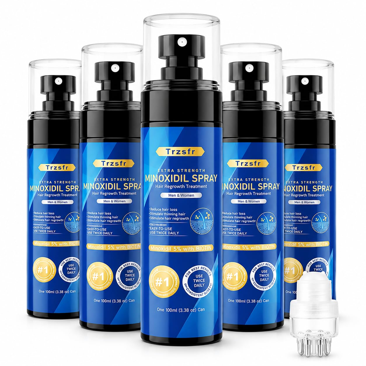 5% Minoxidil Spray for Men & Women with Roller Applicator, 5 Pack Hair Regrowth Treatment Infused with Biotin, Direct Bottle Connection for Precise Scalp & Beard Application, 16.9oz 8 Month Supply