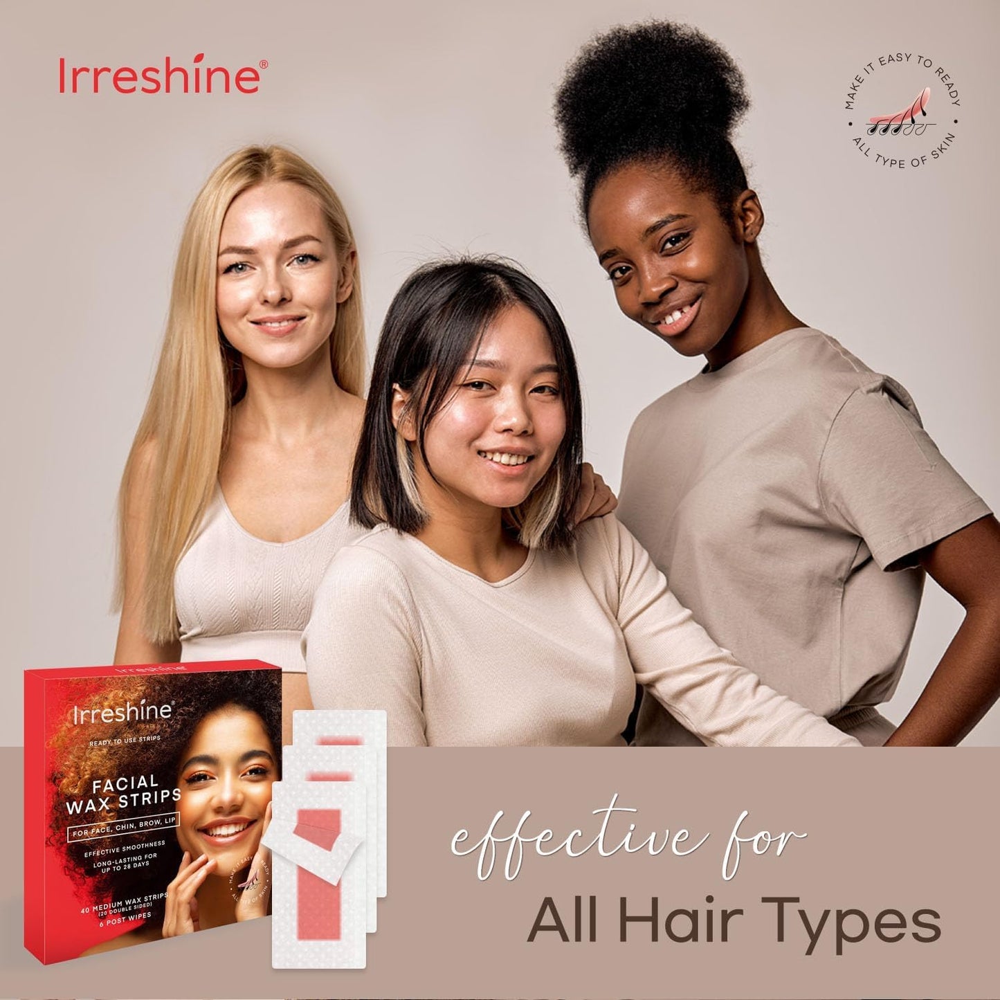irreshine Facial Wax Strips Hair Removal for Women: Face Upper Lip Eyebrow Chin Waxing Hair Remover Kit - Natural & Vegan Ready to Use At Home & Travel, Sensitive Skin Friendly - 40 Ct with 6 Wipes