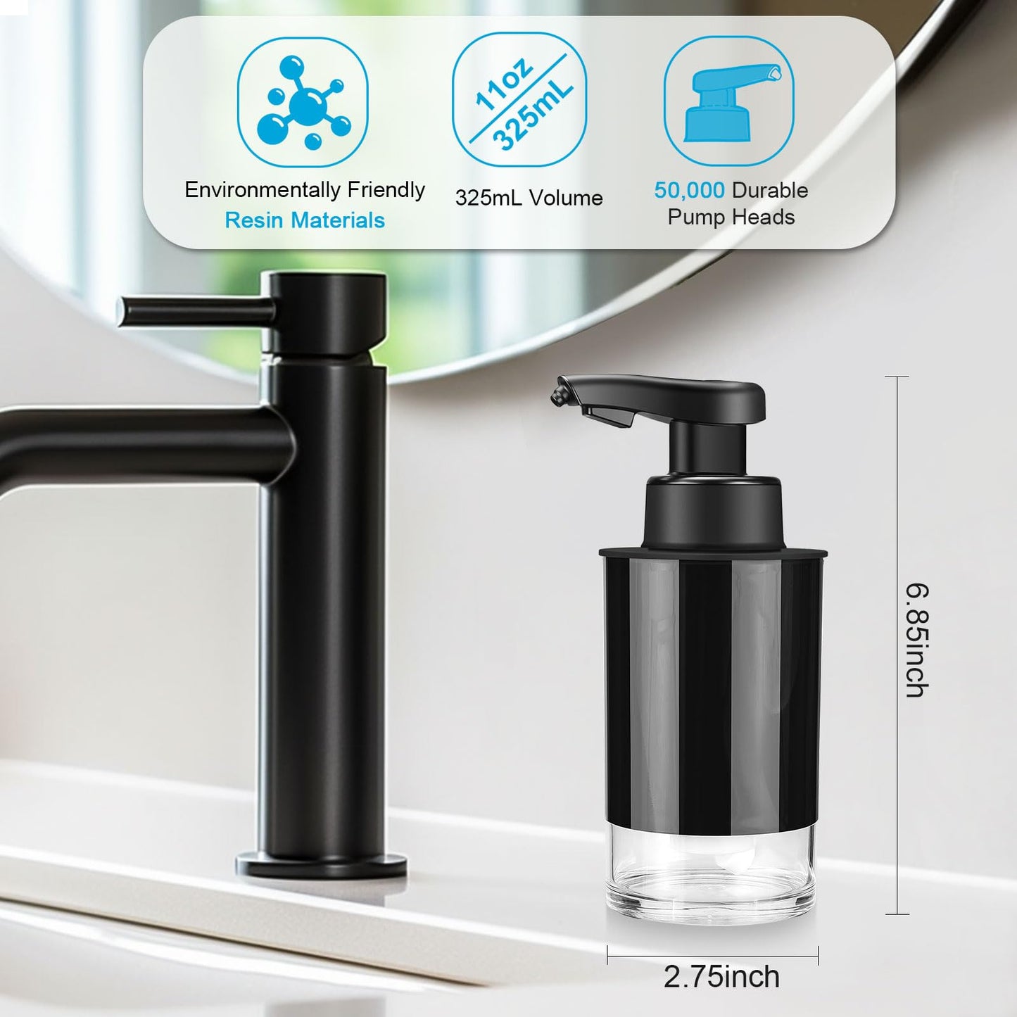 Automatic Foaming Soap Dispenser Touchless Hands-Free: Black Modern Smart Electric Sensor Clog-Free Design for Kitchen & Bathroom, Easy for Kids, Modern Acrylic