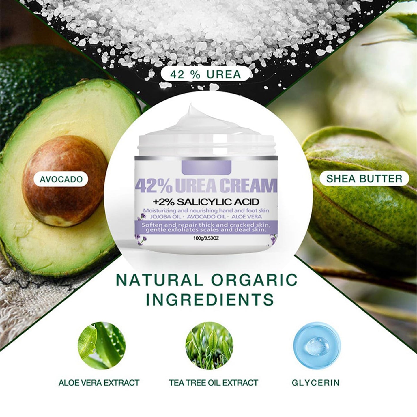 Grospe Urea Cream 42% + 2% Salicylic Acid, Lavender Scented, Deeply Moisturizes, Urea Foot Cream for Foot Care Cracked Heel, nail repair & Callus Remover, 3.52 oz/100g