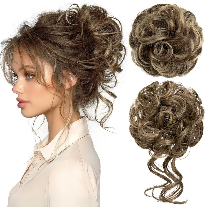 Messy Bun Hair Pieces - 2PCS Wavy Curly Synthetic Updo Extensions | Brunette & Ash Blonde Options