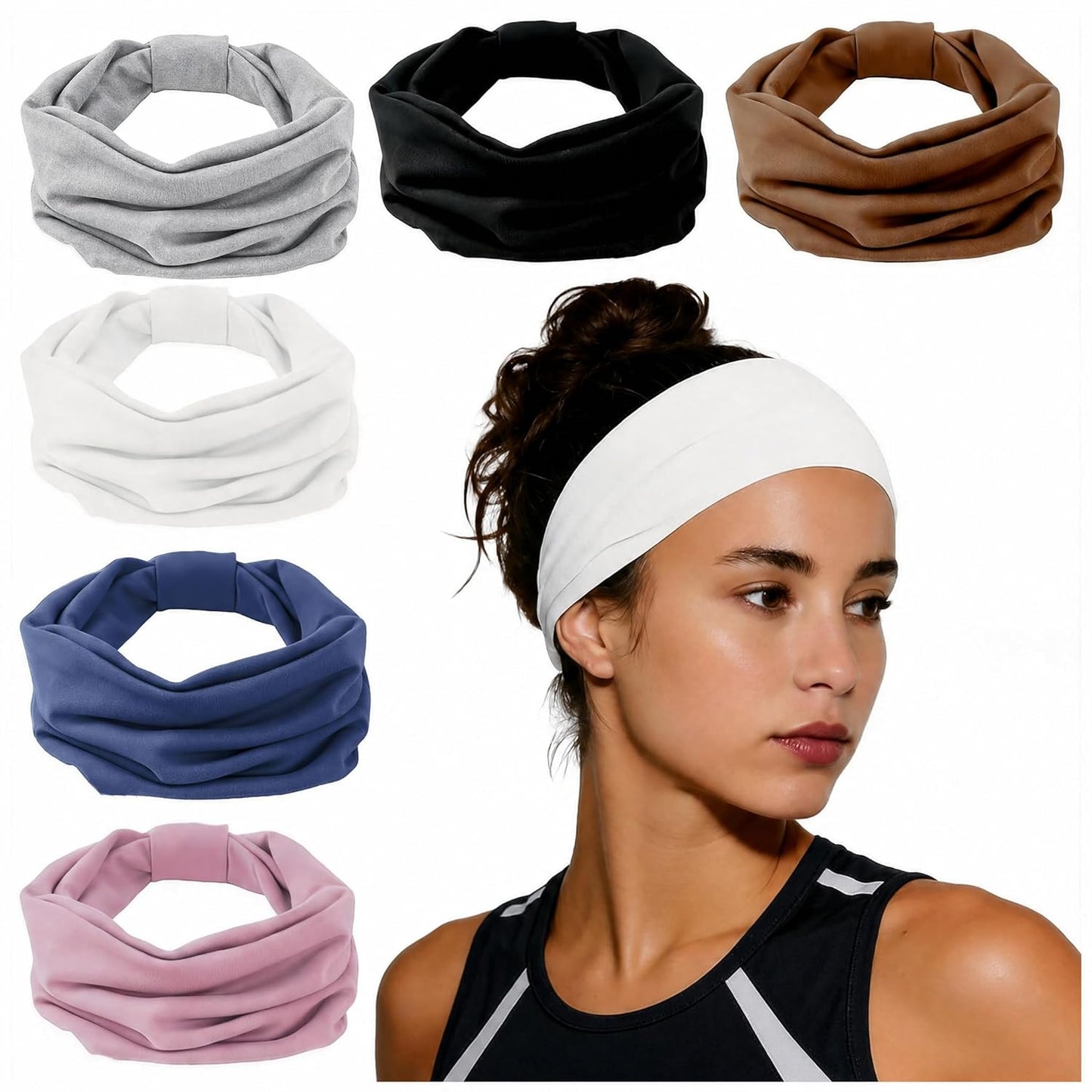 Wide Elastic Headbands for Women - 6 Pack Non-Slip Thick Sports Bands | Soft Knotted for Workout, Makeup & Spa