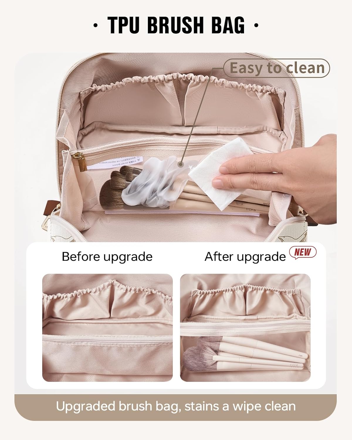 Travel Makeup Bag - Large Capacity Waterproof Cosmetic Pouch | Open Flat Design (F-Beige)