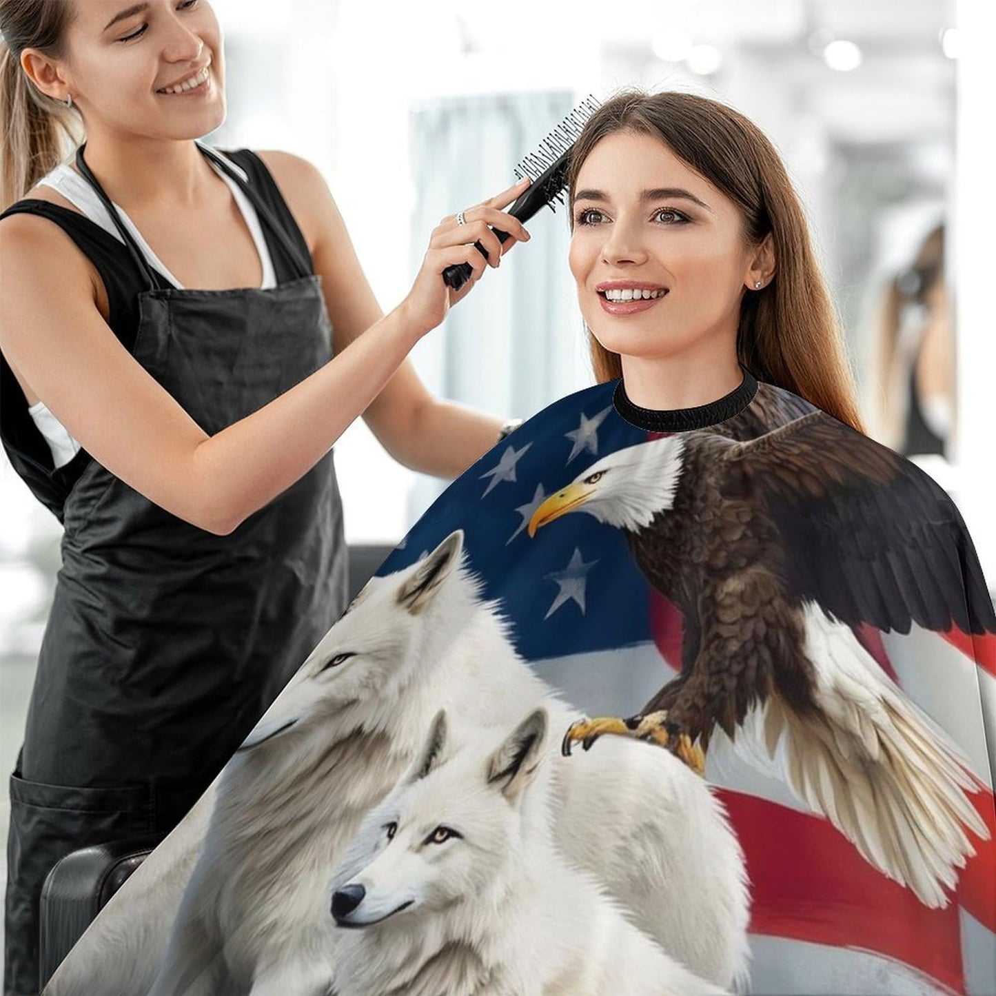 Stylish Professional Hair Cutting Cape Fashionable Salon Barber Cape with Adjustable Closure Wolves and Eagles Wolf American Flag